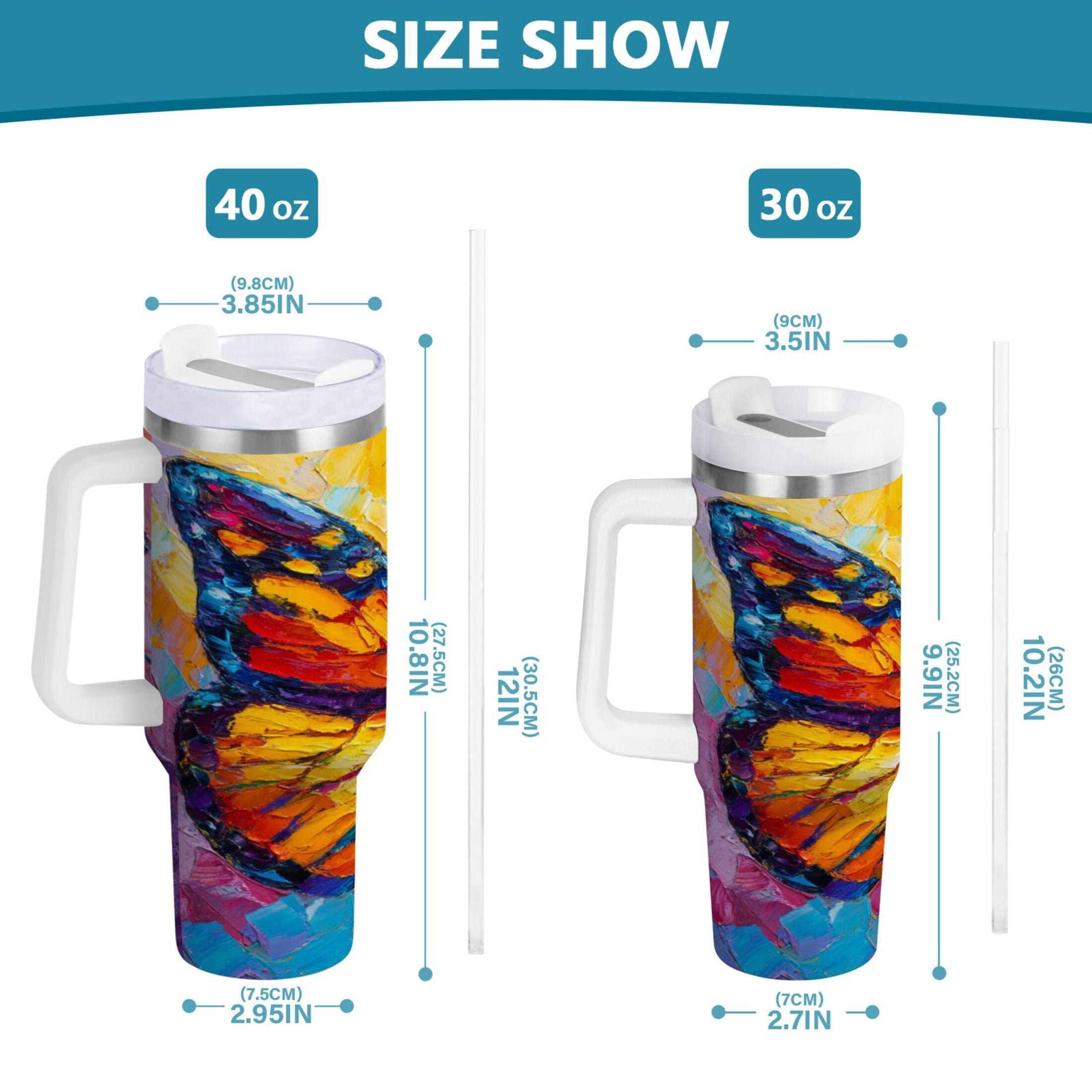 30 oz Insulated Stainless Steel Tumbler Double Wall Stainless Steel Tumbler with 2-Way Drinking Colorful Butterfly Flying M473J