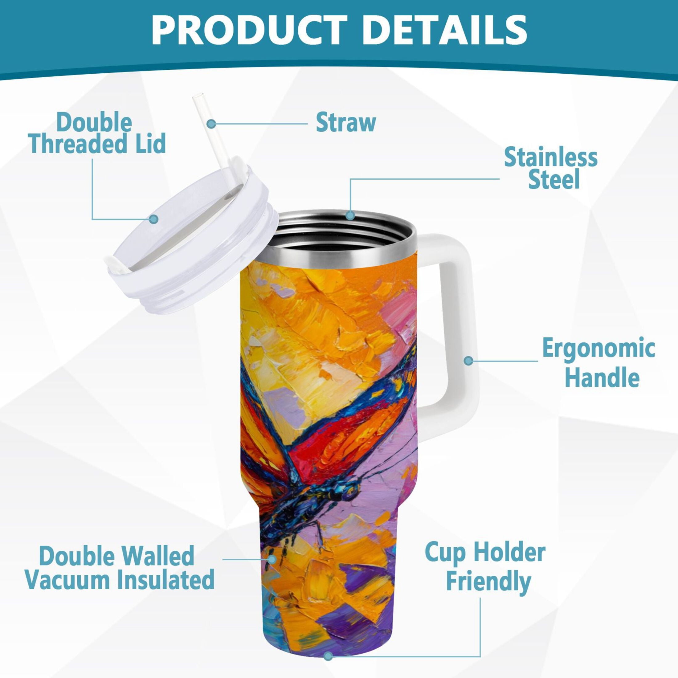 30 oz Insulated Stainless Steel Tumbler Double Wall Stainless Steel Tumbler with 2-Way Drinking Colorful Butterfly Flying M473J