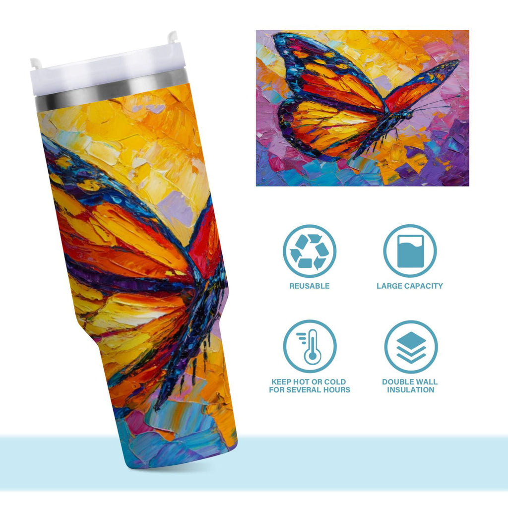 30 oz Insulated Stainless Steel Tumbler Double Wall Stainless Steel Tumbler with 2-Way Drinking Colorful Butterfly Flying M473J