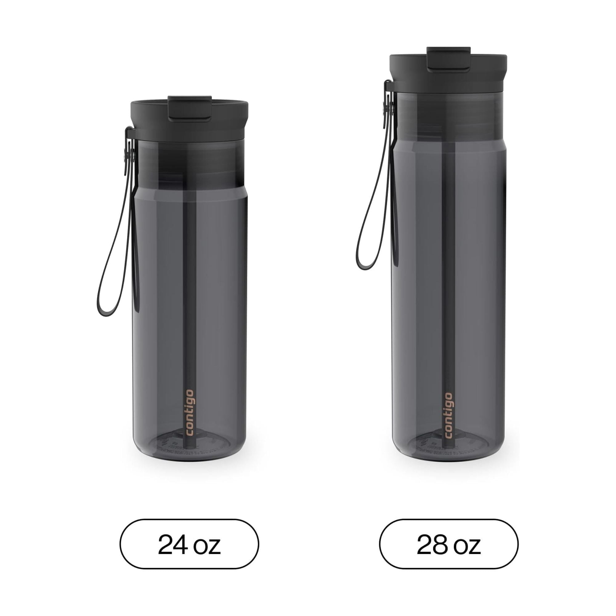 Contigo DualSip Leakproof Plastic Reusable Water Bottle with Carrying Strap, Black/Clear, 24 oz M47J
