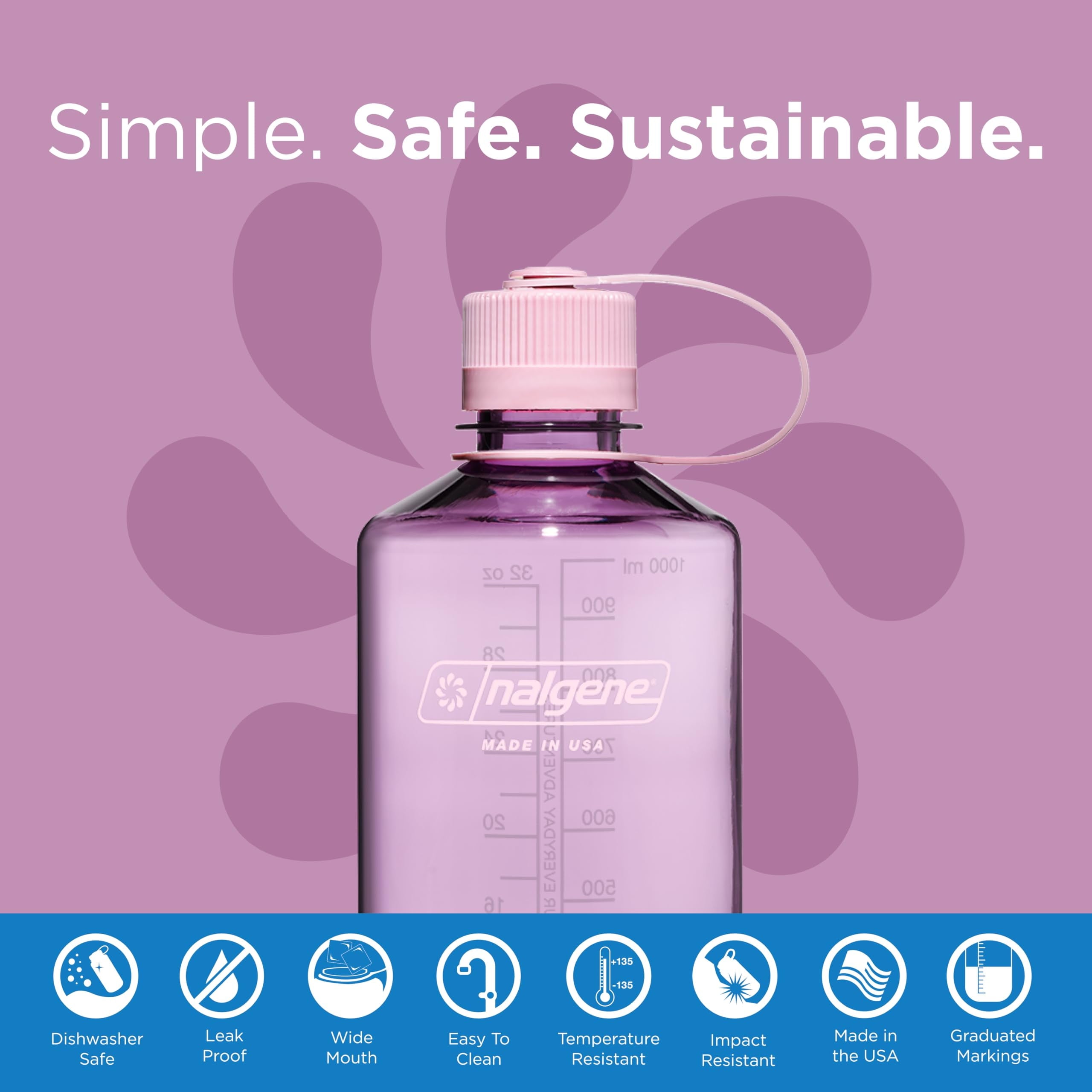Nalgene Sustain Tritan BPA-Free Water Bottle Made with Material Derived from 50% Plastic Waste (using ISCC certified mass balance), 32 OZ, Narrow Mouth, Cherry Blossom M152J