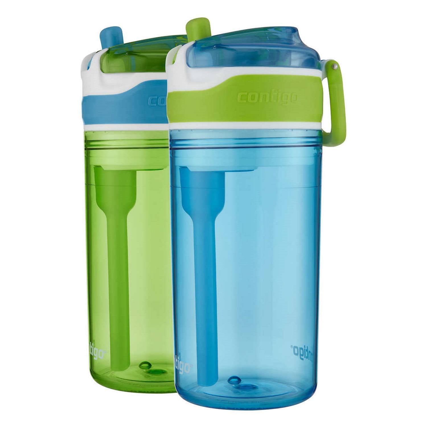 Contigo Kids 2-in-1 Snack Hero Tumbler Featuring 4oz Snack Holder Stacked on Top of 13oz Water Bottle - BPA Free, Durable Tritan w/Flexible Carry Handle &amp; Spill-Proof Valve, Green &amp; Blue – 2 Pack M75K