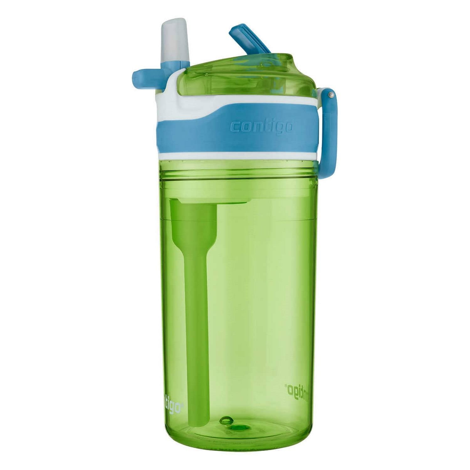 Contigo Kids 2-in-1 Snack Hero Tumbler Featuring 4oz Snack Holder Stacked on Top of 13oz Water Bottle - BPA Free, Durable Tritan w/Flexible Carry Handle &amp; Spill-Proof Valve, Green &amp; Blue – 2 Pack M75K