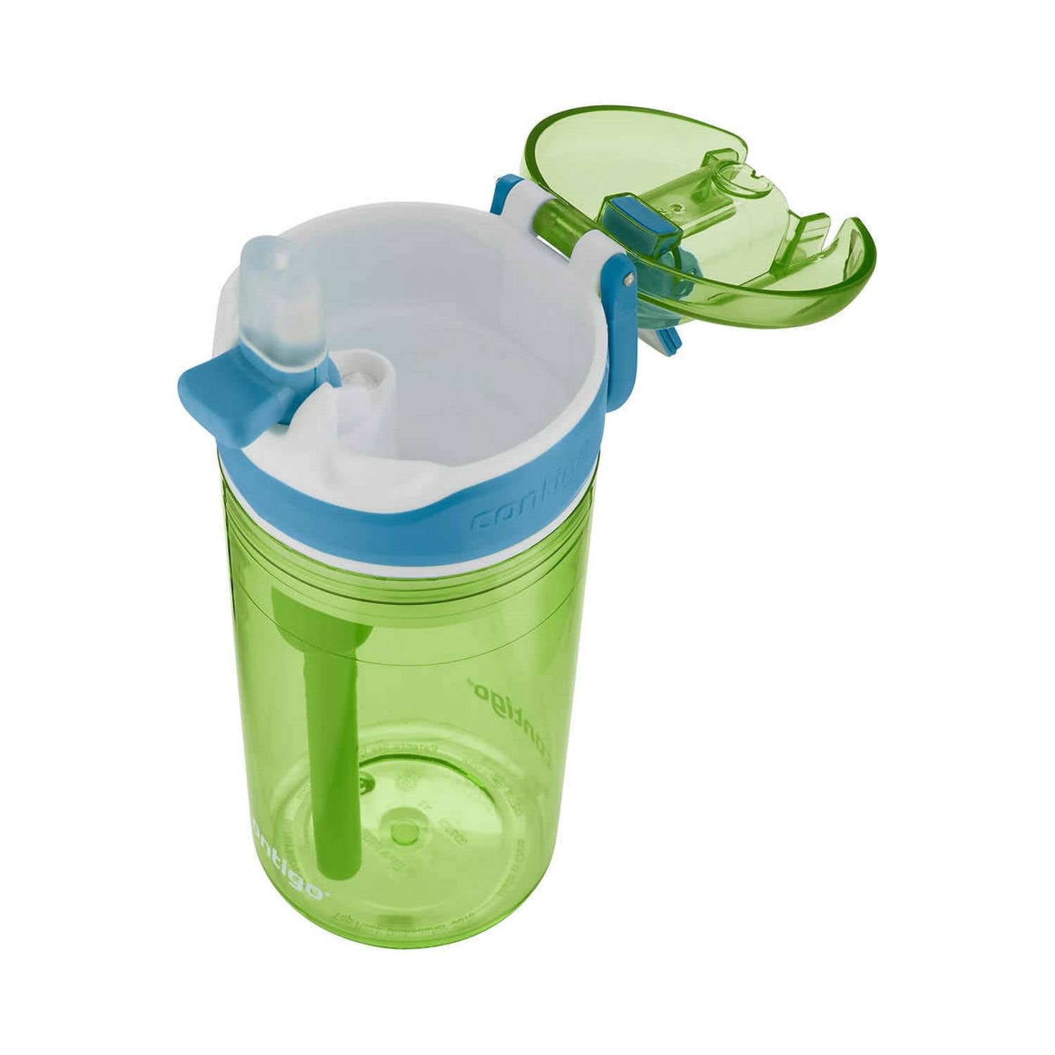 Contigo Kids 2-in-1 Snack Hero Tumbler Featuring 4oz Snack Holder Stacked on Top of 13oz Water Bottle - BPA Free, Durable Tritan w/Flexible Carry Handle &amp; Spill-Proof Valve, Green &amp; Blue – 2 Pack M75K