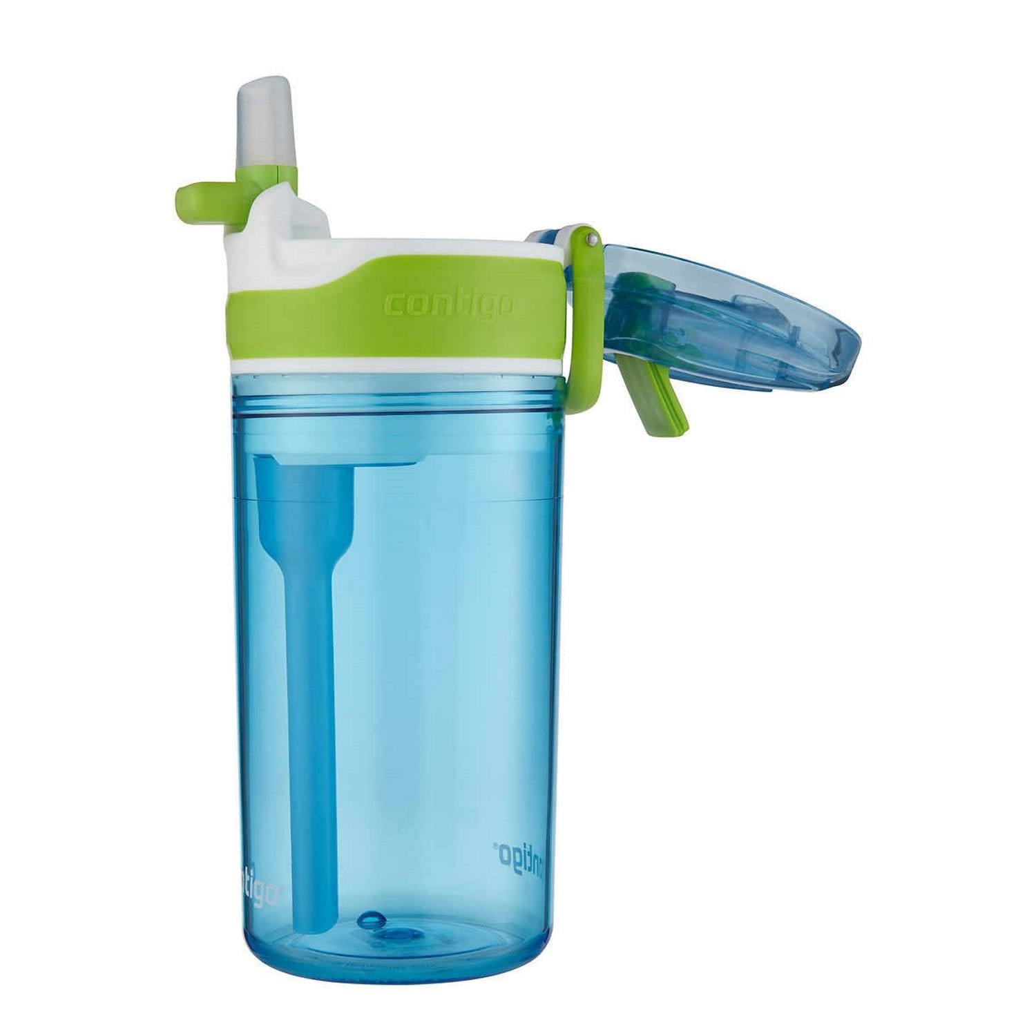 Contigo Kids 2-in-1 Snack Hero Tumbler Featuring 4oz Snack Holder Stacked on Top of 13oz Water Bottle - BPA Free, Durable Tritan w/Flexible Carry Handle &amp; Spill-Proof Valve, Green &amp; Blue – 2 Pack M75K