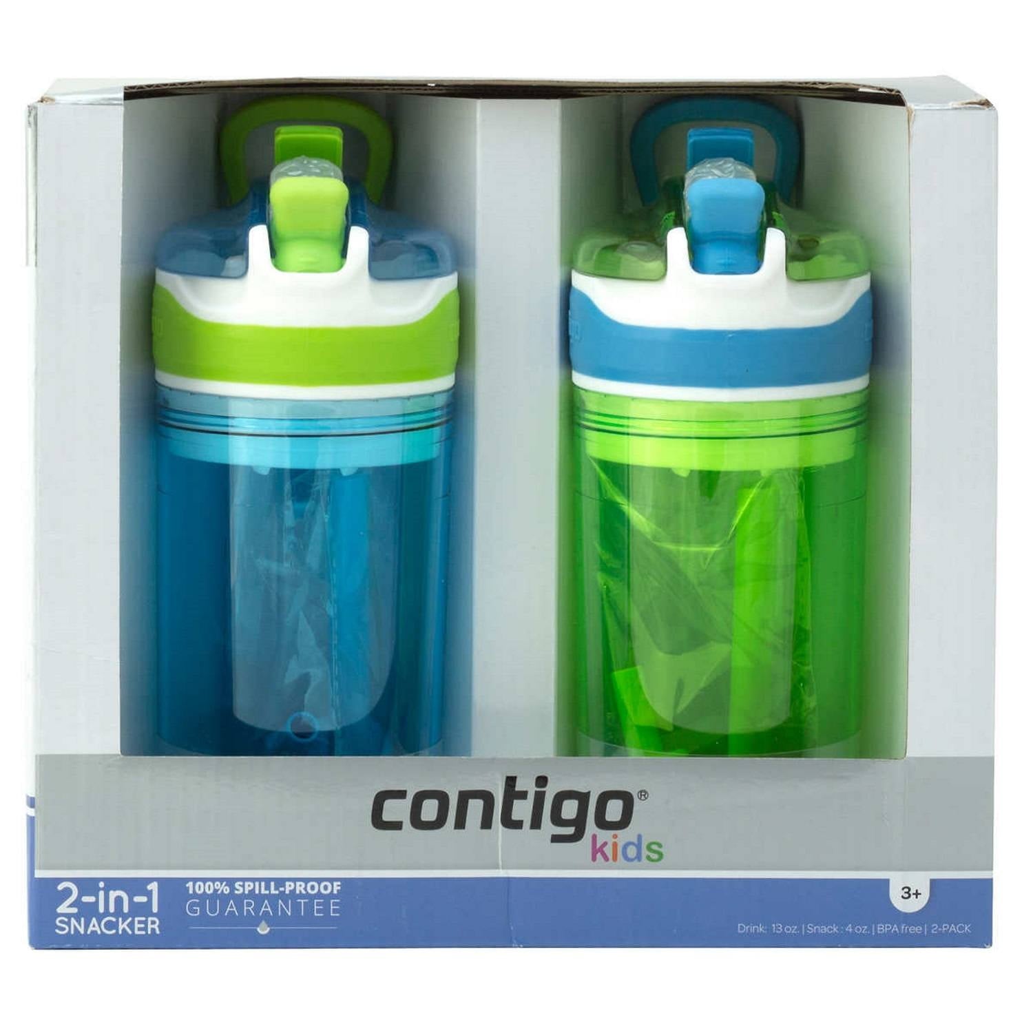 Contigo Kids 2-in-1 Snack Hero Tumbler Featuring 4oz Snack Holder Stacked on Top of 13oz Water Bottle - BPA Free, Durable Tritan w/Flexible Carry Handle &amp; Spill-Proof Valve, Green &amp; Blue – 2 Pack M75K