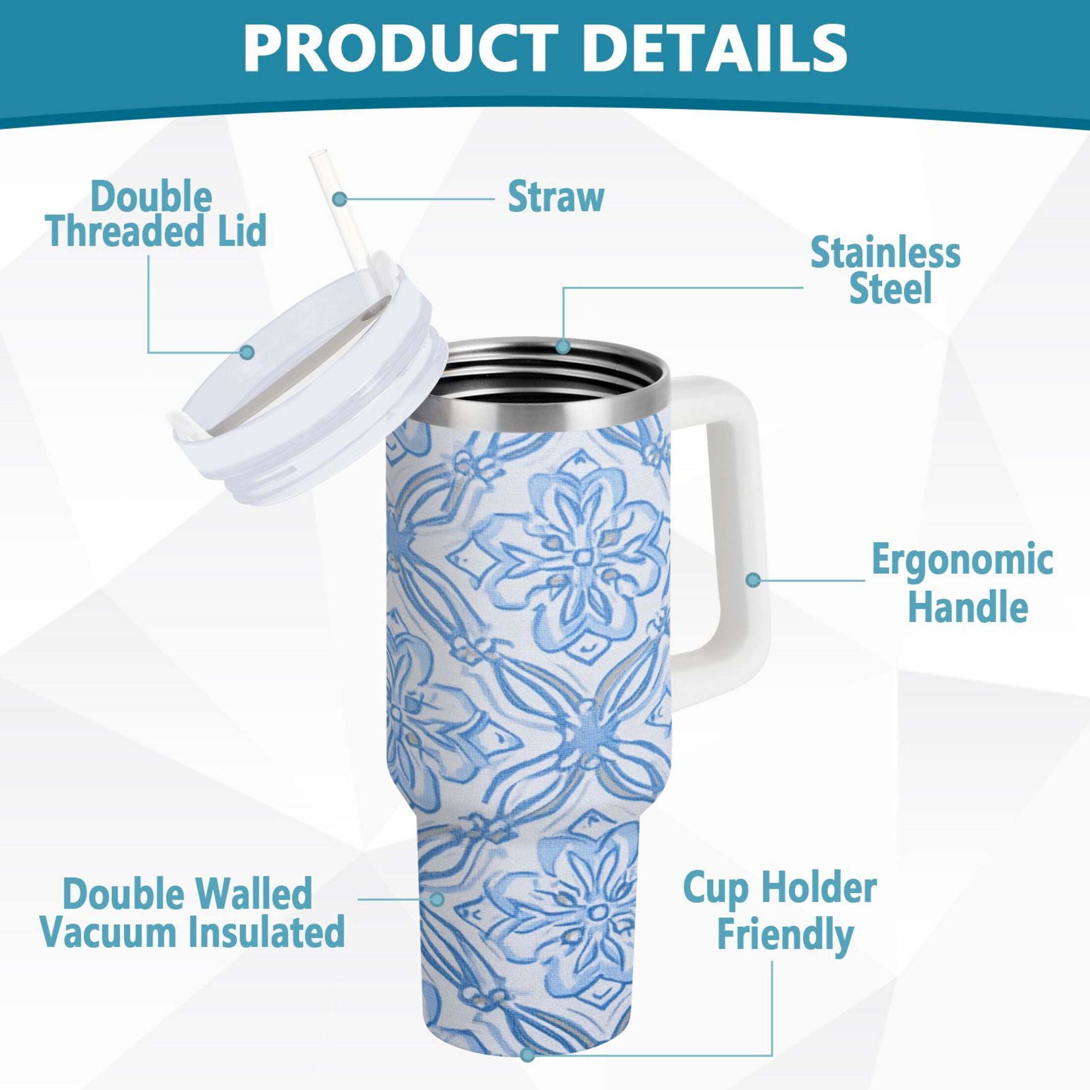 30 oz Insulated Stainless Steel Tumbler Double Wall Stainless Steel Tumbler with 2-Way Drinking Blue Elegant Geometric Design M623L