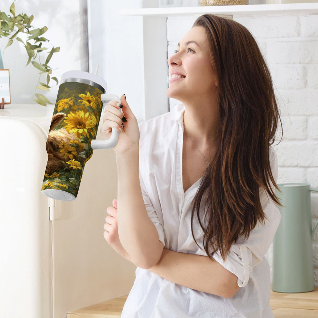 40 oz Insulated Stainless Steel Tumbler Double Wall Stainless Steel Tumbler with 2-Way Drinking Cow Lying in Sunflowers M665W