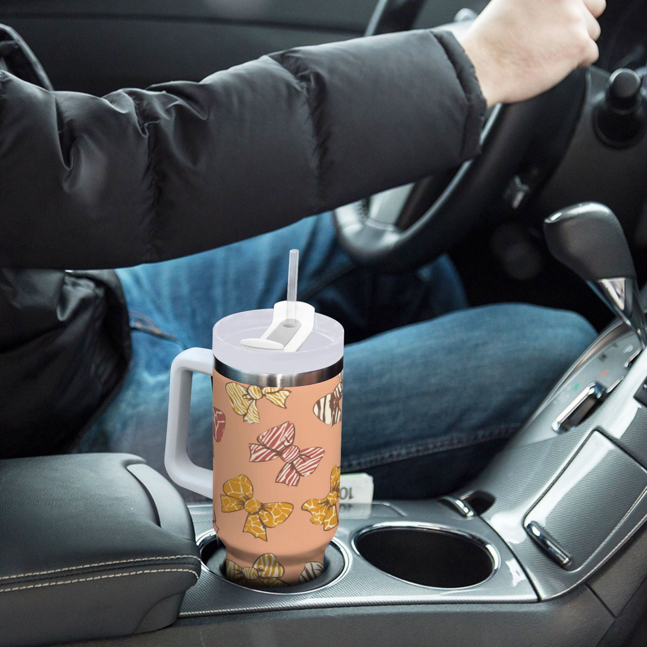 40 oz Insulated Stainless Steel Tumbler Double Wall Stainless Steel Tumbler with 2-Way Drinking Cute Animal Print Bows M678Y