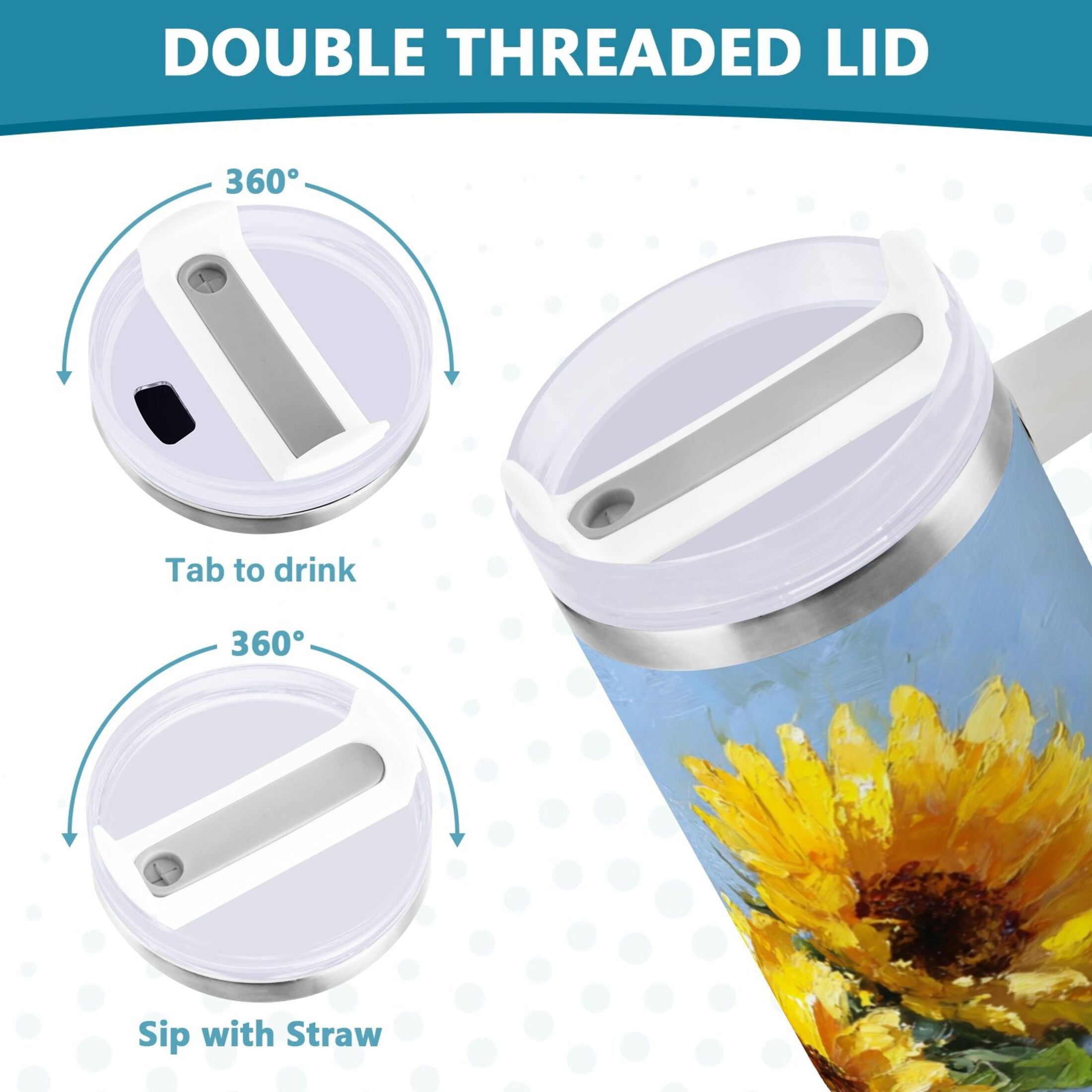 40 oz Insulated Stainless Steel Tumbler Double Wall Stainless Steel Tumbler with 2-Way Drinking Sunflowers Painting M611V