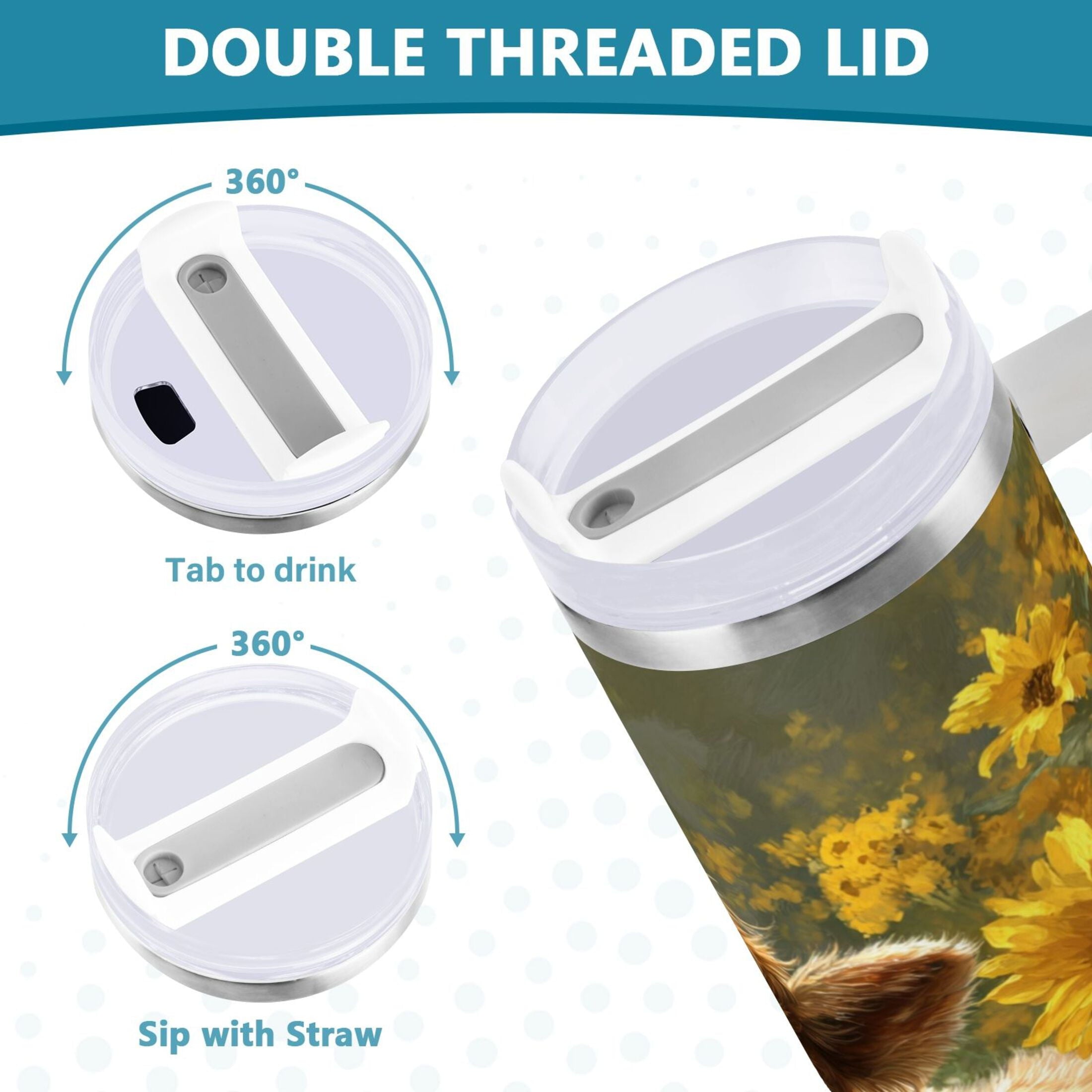 40 oz Insulated Stainless Steel Tumbler Double Wall Stainless Steel Tumbler with 2-Way Drinking Cow Lying in Sunflowers M665W