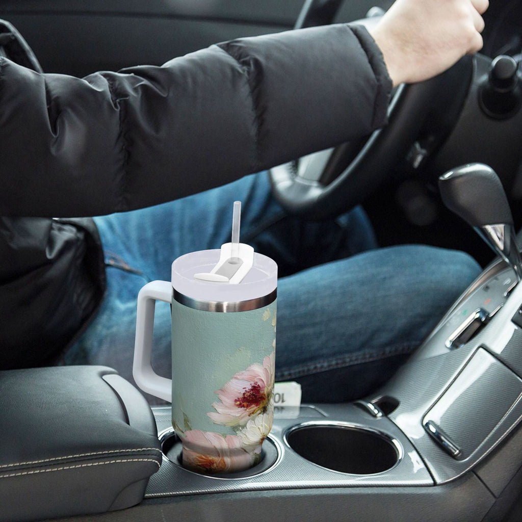 40 oz Insulated Stainless Steel Tumbler Double Wall Stainless Steel Tumbler with 2-Way Drinking Vintage Peonies and Daisies M677V