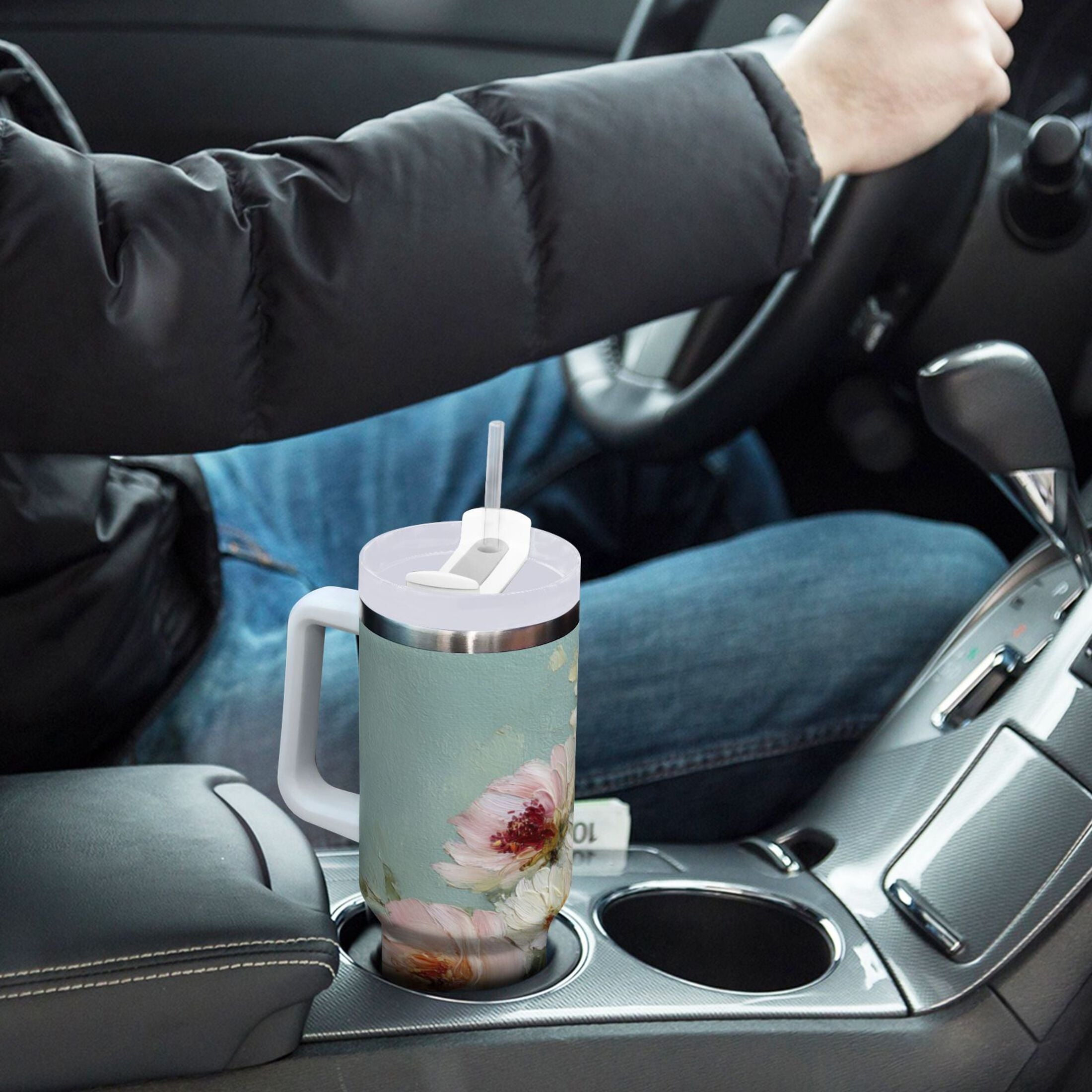 40 oz Insulated Stainless Steel Tumbler Double Wall Stainless Steel Tumbler with 2-Way Drinking Vintage Peonies and Daisies M677V