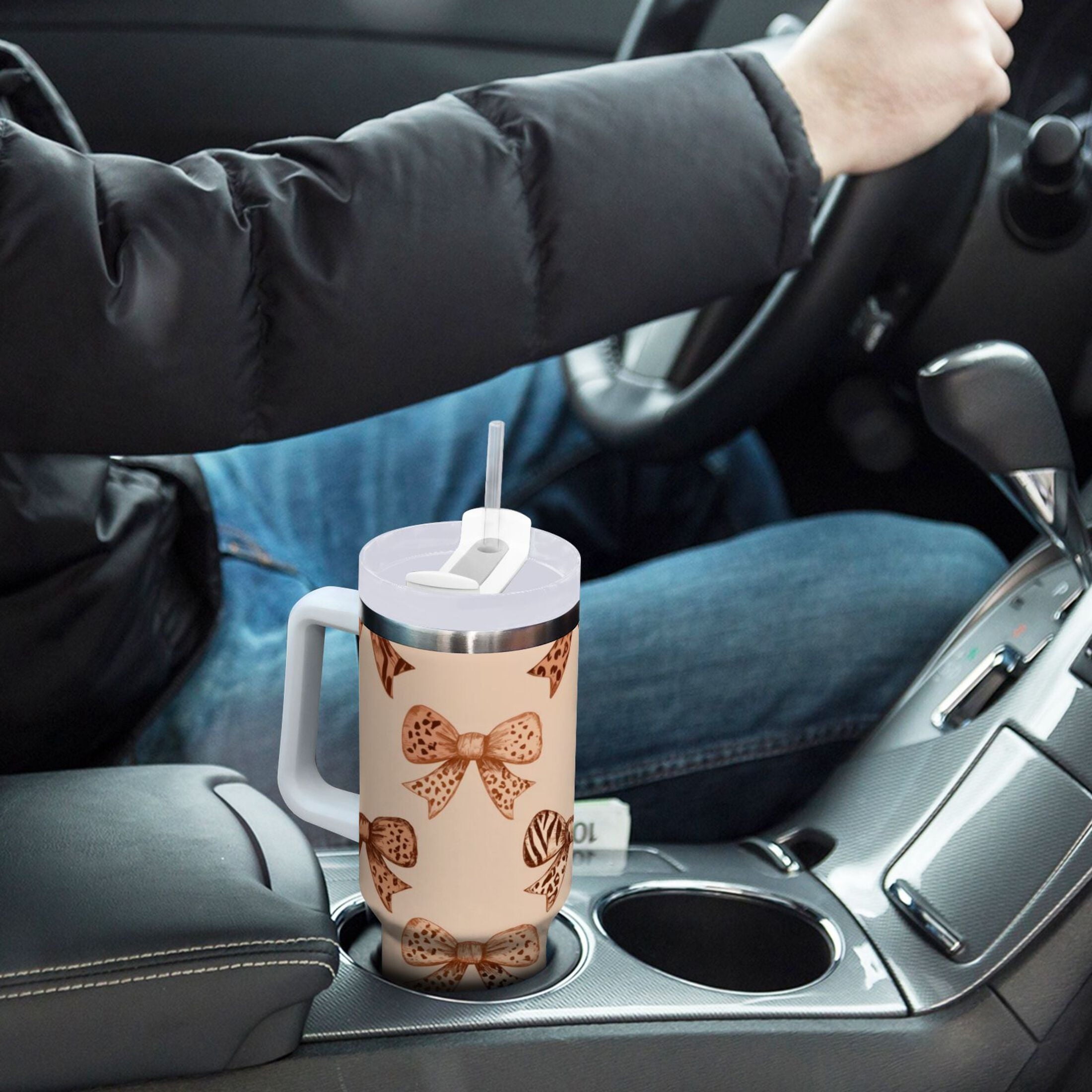 40 oz Insulated Stainless Steel Tumbler Double Wall Stainless Steel Tumbler with 2-Way Drinking Leopard Print Bow M550A
