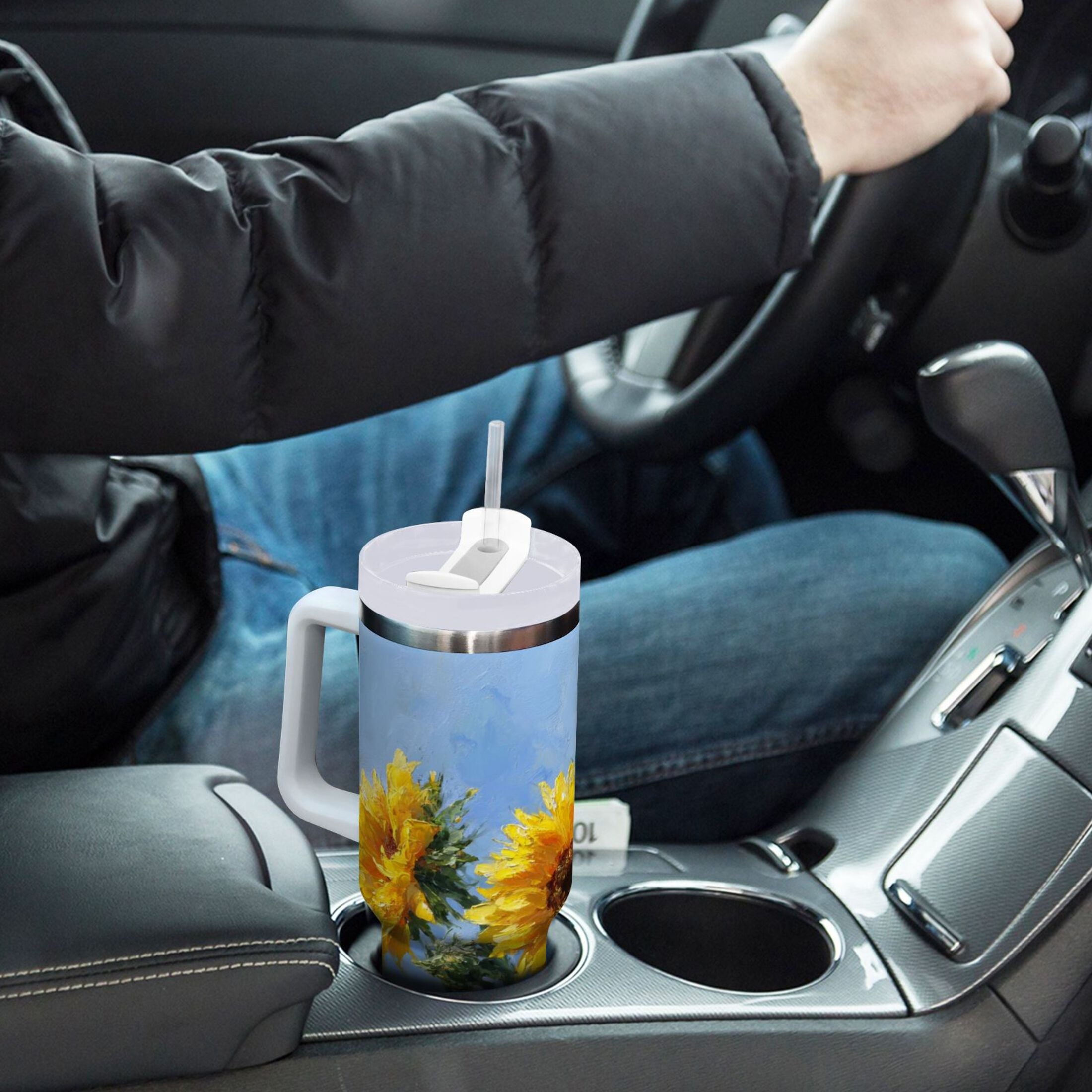 40 oz Insulated Stainless Steel Tumbler Double Wall Stainless Steel Tumbler with 2-Way Drinking Sunflowers Painting M611V