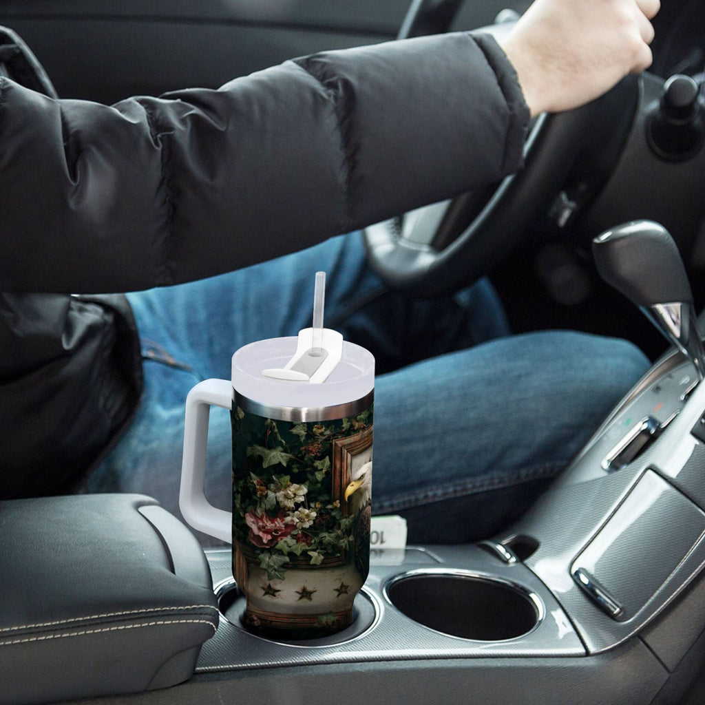 30 oz Insulated Stainless Steel Tumbler Double Wall Stainless Steel Tumbler with 2-Way Drinking Wreath and Bald Eagle M668U