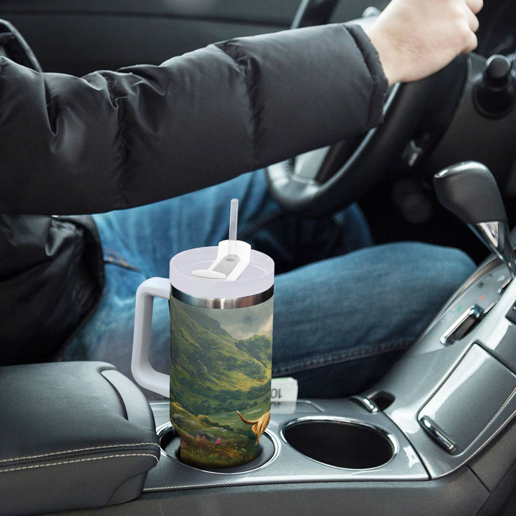 30 oz Insulated Stainless Steel Tumbler Double Wall Stainless Steel Tumbler with 2-Way Drinking Cow in Green Rolling Hills M586Q