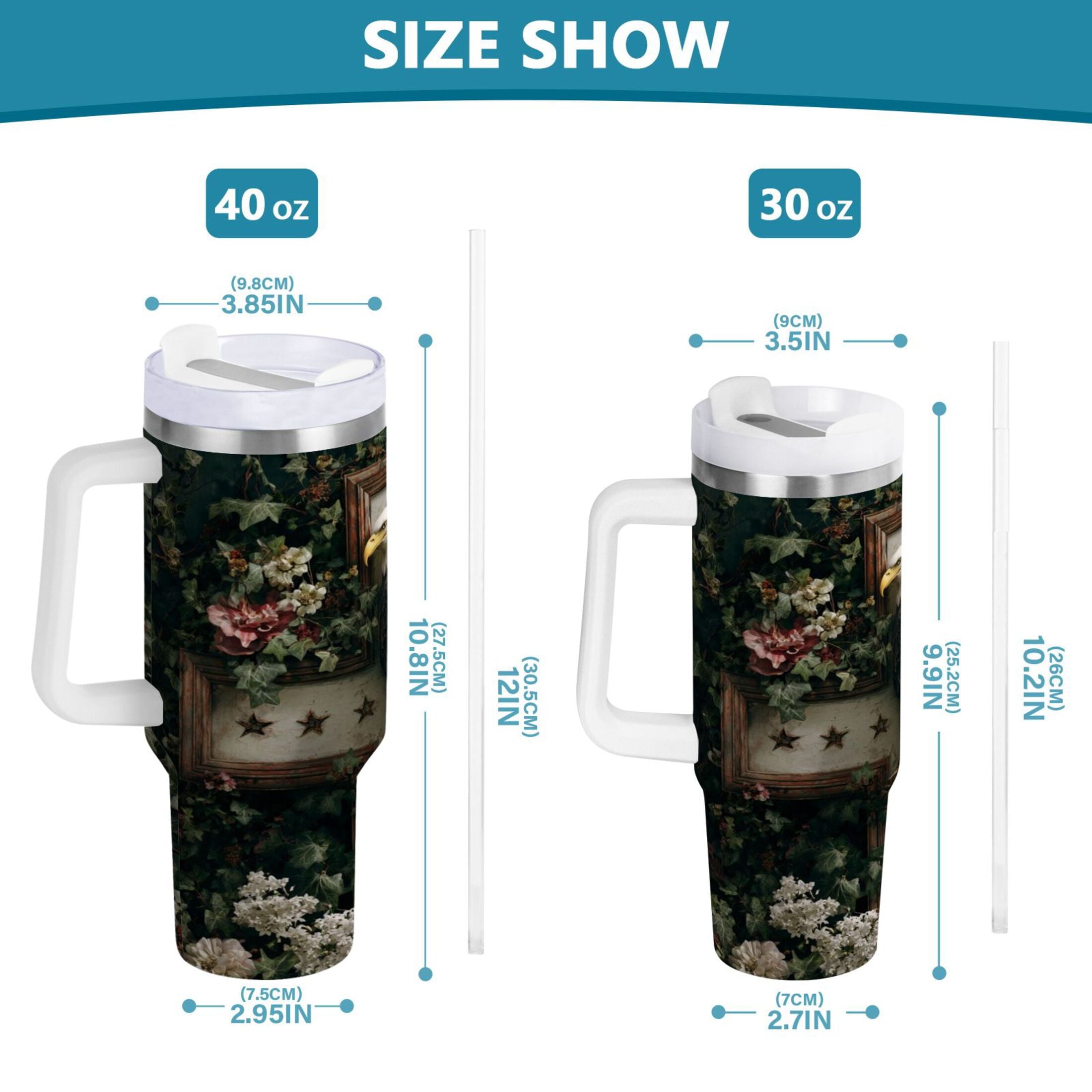 30 oz Insulated Stainless Steel Tumbler Double Wall Stainless Steel Tumbler with 2-Way Drinking Wreath and Bald Eagle M668U