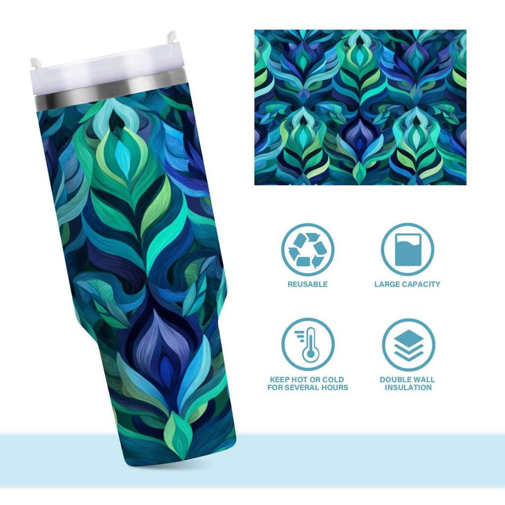 40 oz Insulated Stainless Steel Tumbler Double Wall Stainless Steel Tumbler with 2-Way Drinking Elegant Blue Abstract Shapes M609Q