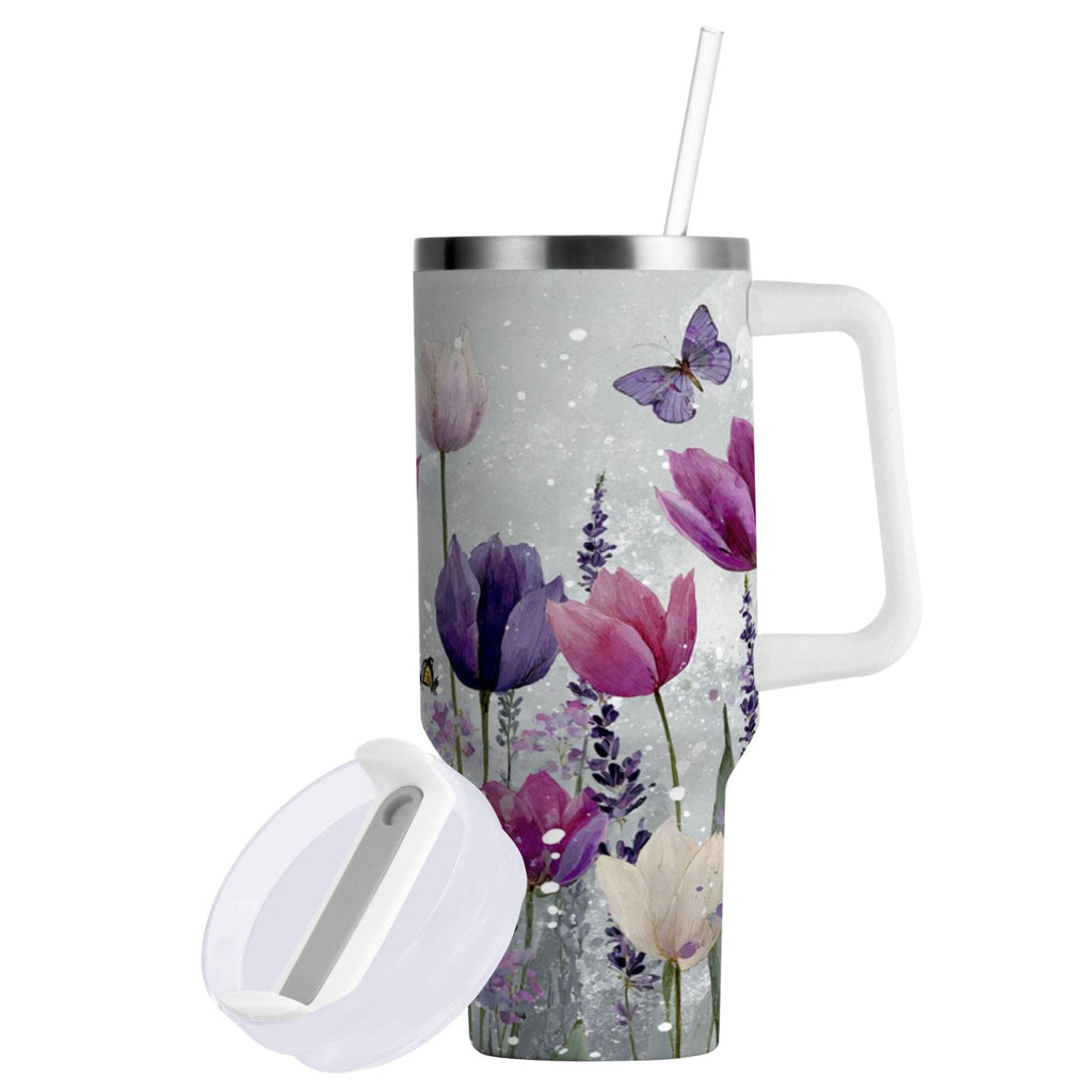 40 oz Insulated Stainless Steel Tumbler Double Wall Stainless Steel Tumbler with 2-Way Drinking Colorful Tulips and Lavender M456F