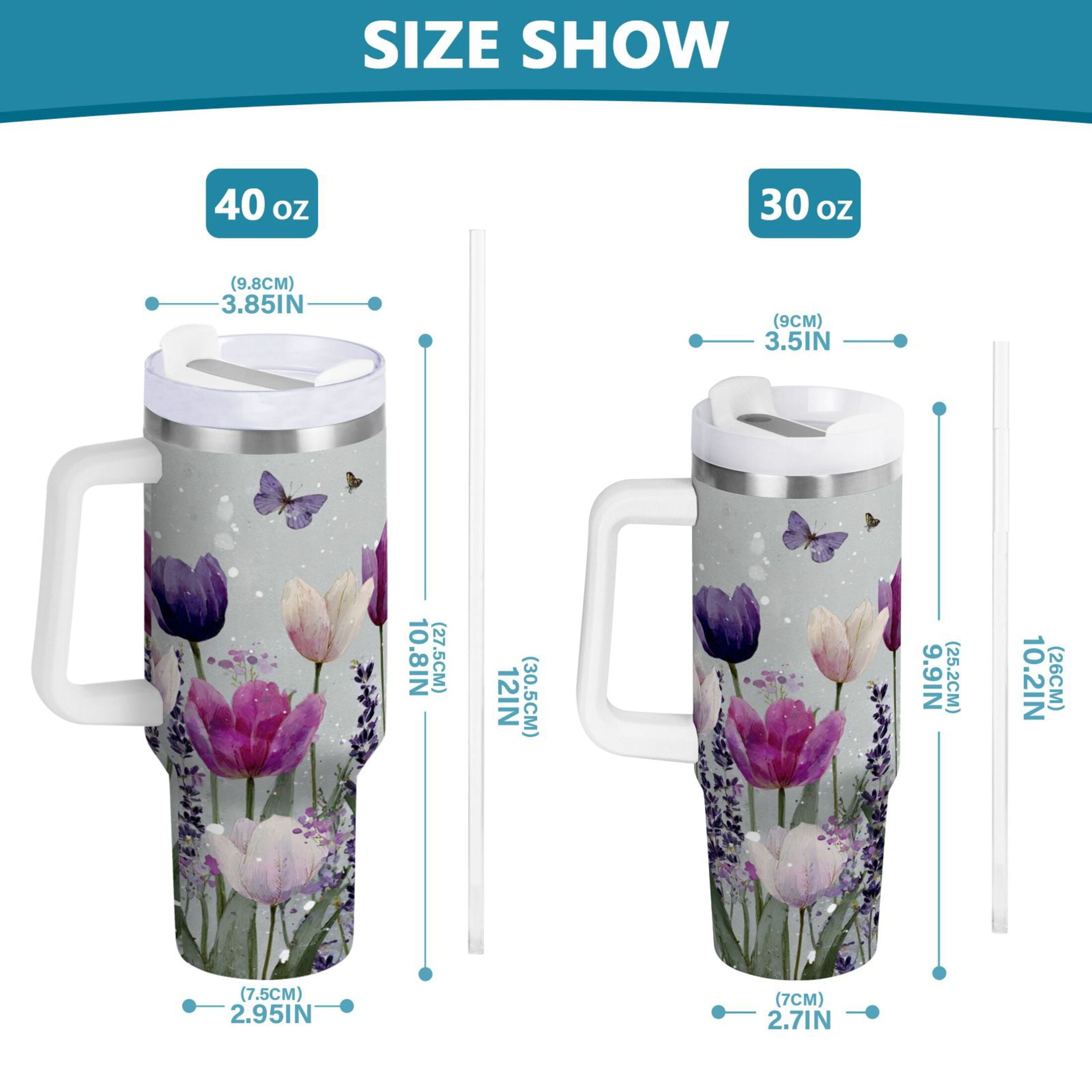 40 oz Insulated Stainless Steel Tumbler Double Wall Stainless Steel Tumbler with 2-Way Drinking Colorful Tulips and Lavender M456F