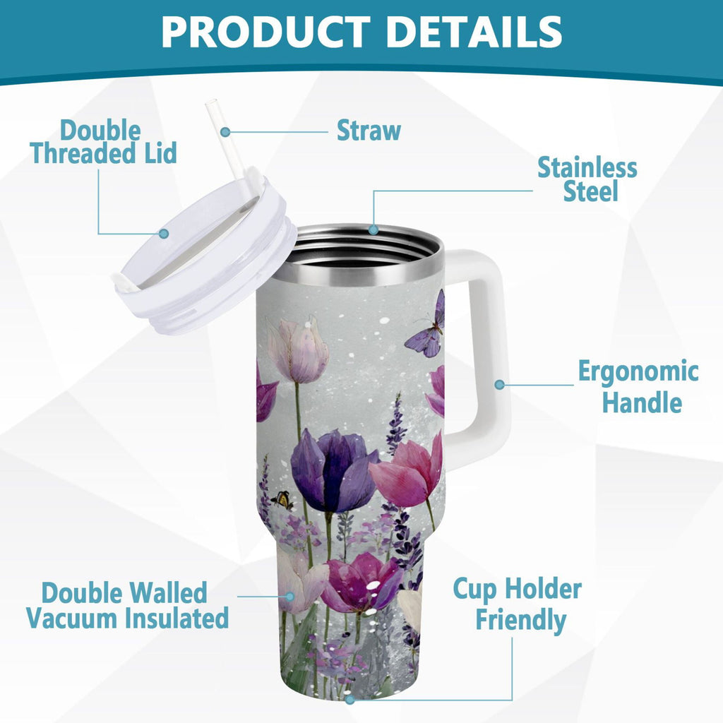 40 oz Insulated Stainless Steel Tumbler Double Wall Stainless Steel Tumbler with 2-Way Drinking Colorful Tulips and Lavender M456F