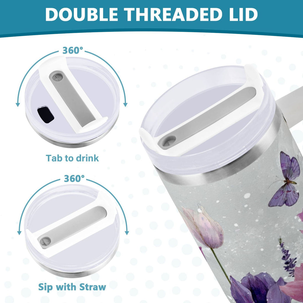 40 oz Insulated Stainless Steel Tumbler Double Wall Stainless Steel Tumbler with 2-Way Drinking Colorful Tulips and Lavender M456F