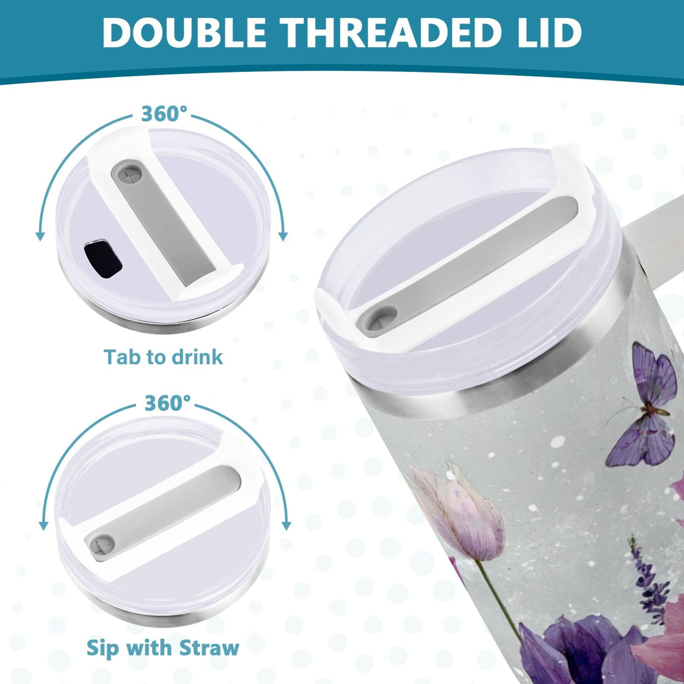 40 oz Insulated Stainless Steel Tumbler Double Wall Stainless Steel Tumbler with 2-Way Drinking Colorful Tulips and Lavender M456F