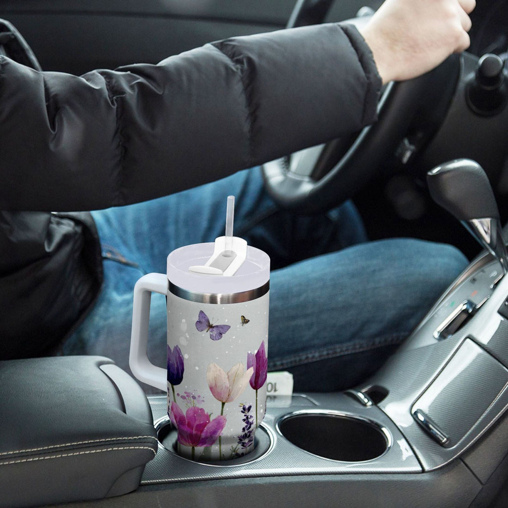 40 oz Insulated Stainless Steel Tumbler Double Wall Stainless Steel Tumbler with 2-Way Drinking Colorful Tulips and Lavender M456F