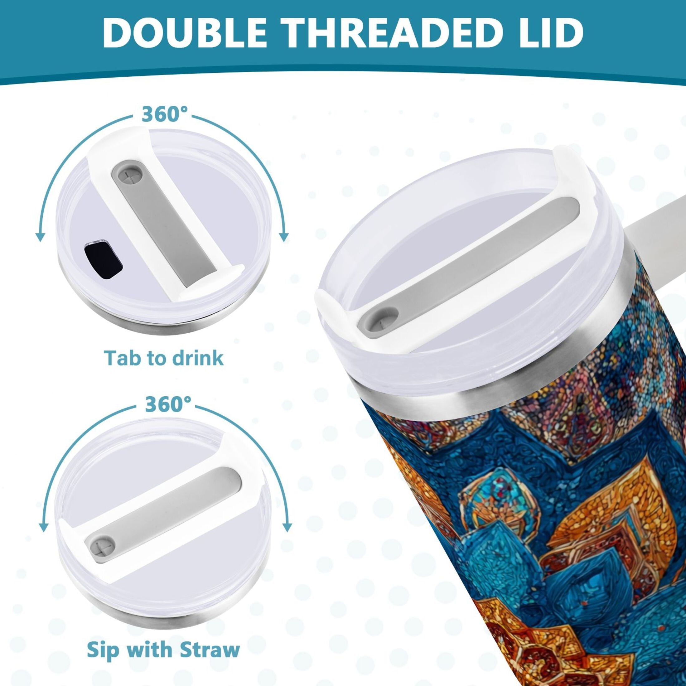 40 oz Insulated Stainless Steel Tumbler Double Wall Stainless Steel Tumbler with 2-Way Drinking Intricate Geometric Shapes M518S