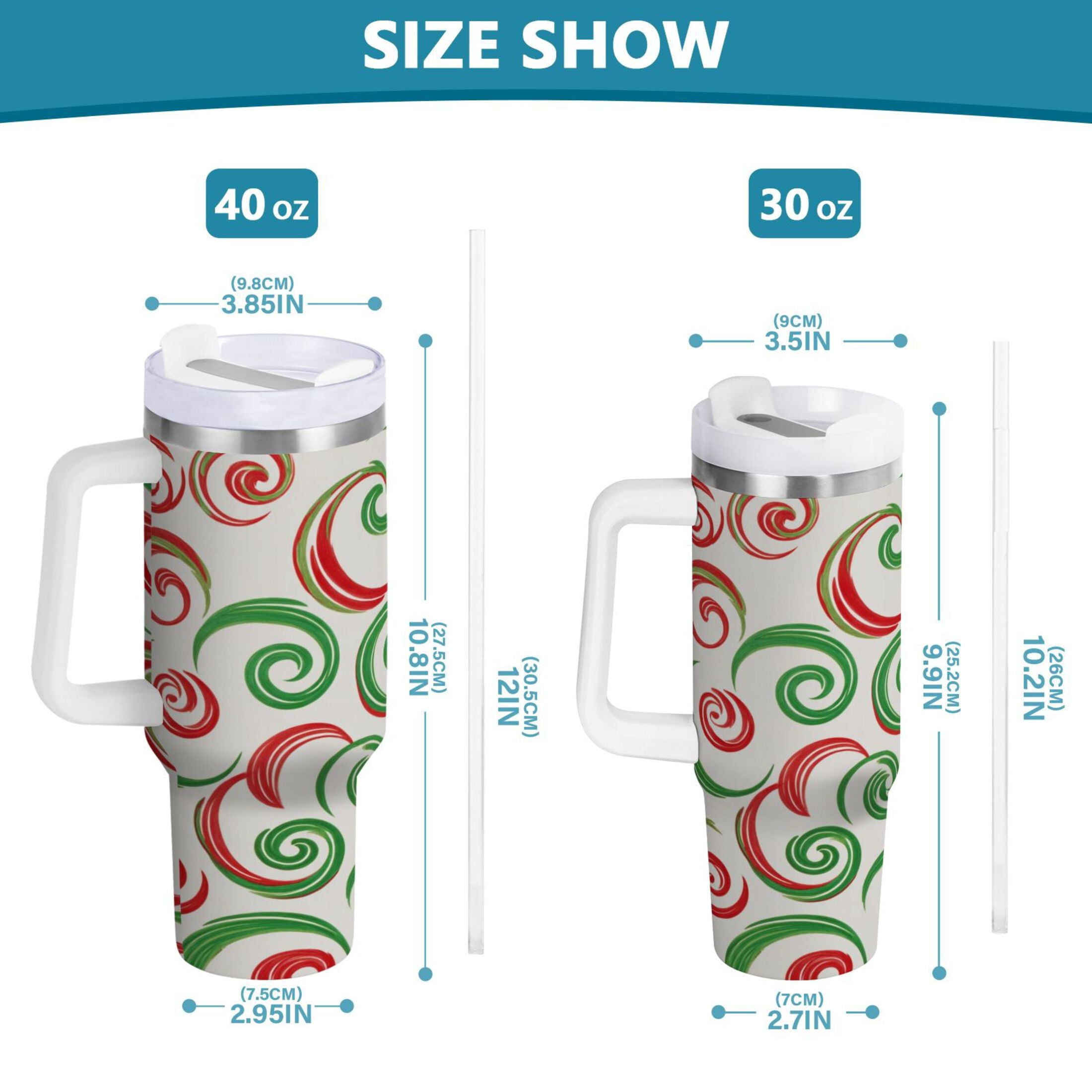 40 oz Insulated Stainless Steel Tumbler Double Wall Stainless Steel Tumbler with 2-Way Drinking Red and Green Swirls M539V