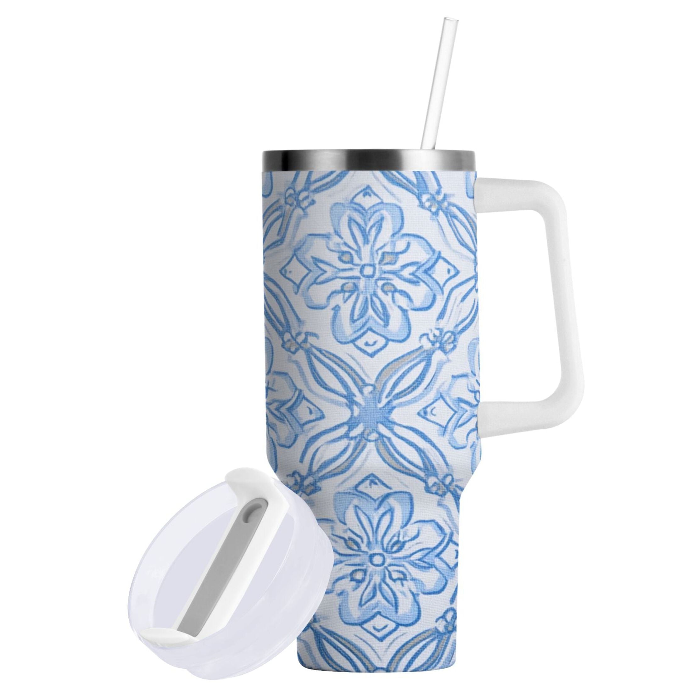 30 oz Insulated Stainless Steel Tumbler Double Wall Stainless Steel Tumbler with 2-Way Drinking Blue Elegant Geometric Design M623L