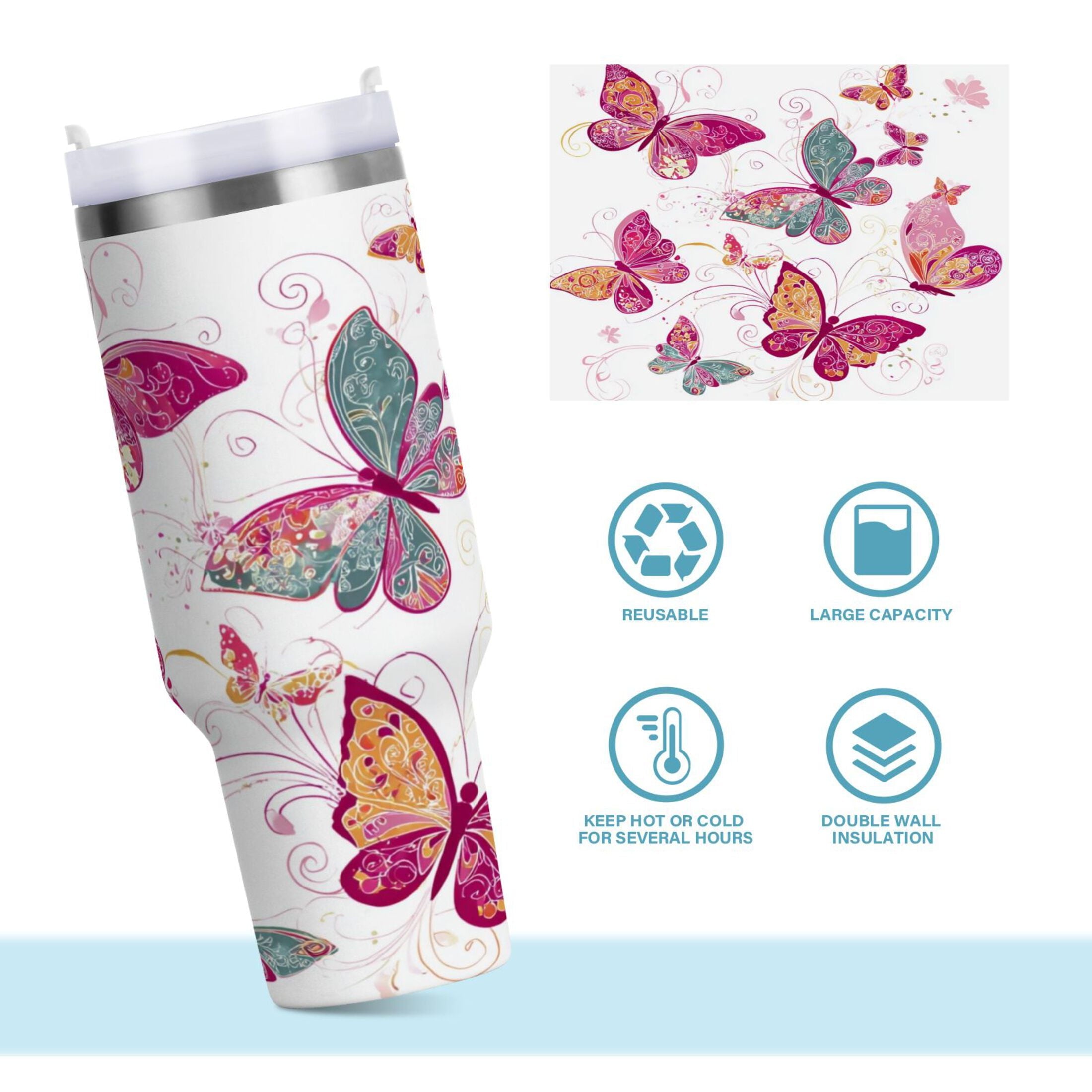 30 oz Insulated Stainless Steel Tumbler Double Wall Stainless Steel Tumbler with 2-Way Drinking Colorful Butterflies M605A