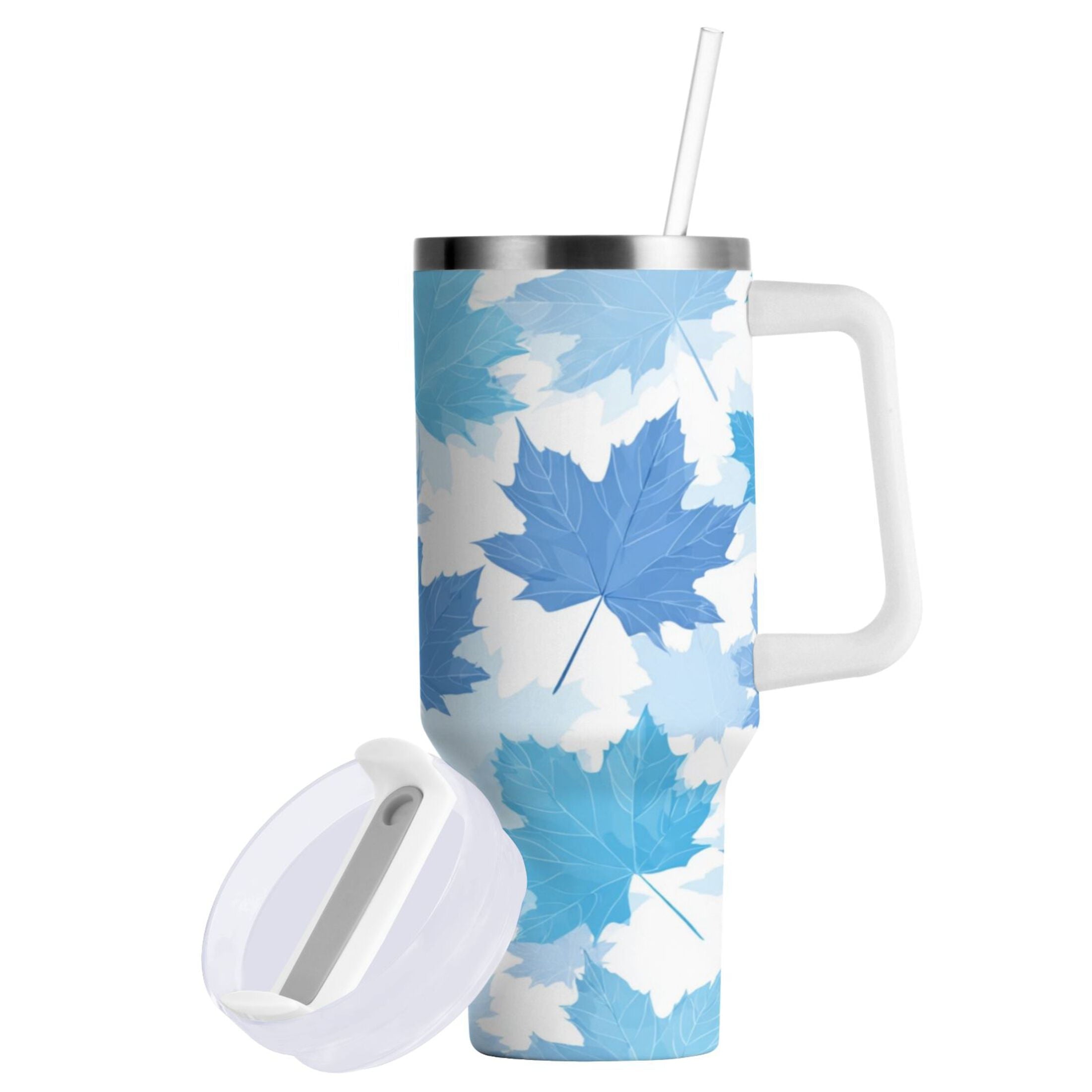 30 oz Insulated Stainless Steel Tumbler Double Wall Stainless Steel Tumbler with 2-Way Drinking Light Blue Maple Leaves M461B