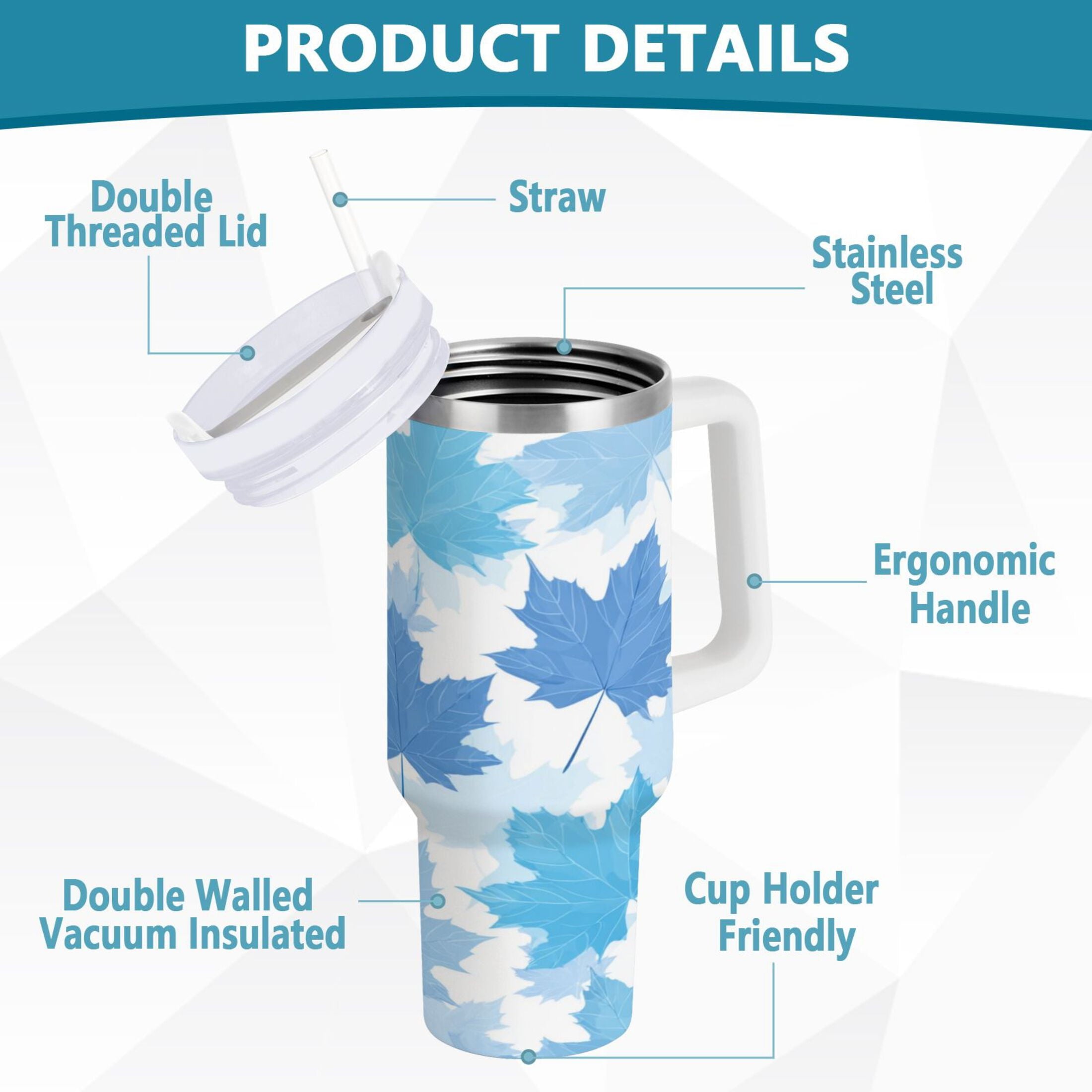 30 oz Insulated Stainless Steel Tumbler Double Wall Stainless Steel Tumbler with 2-Way Drinking Light Blue Maple Leaves M461B