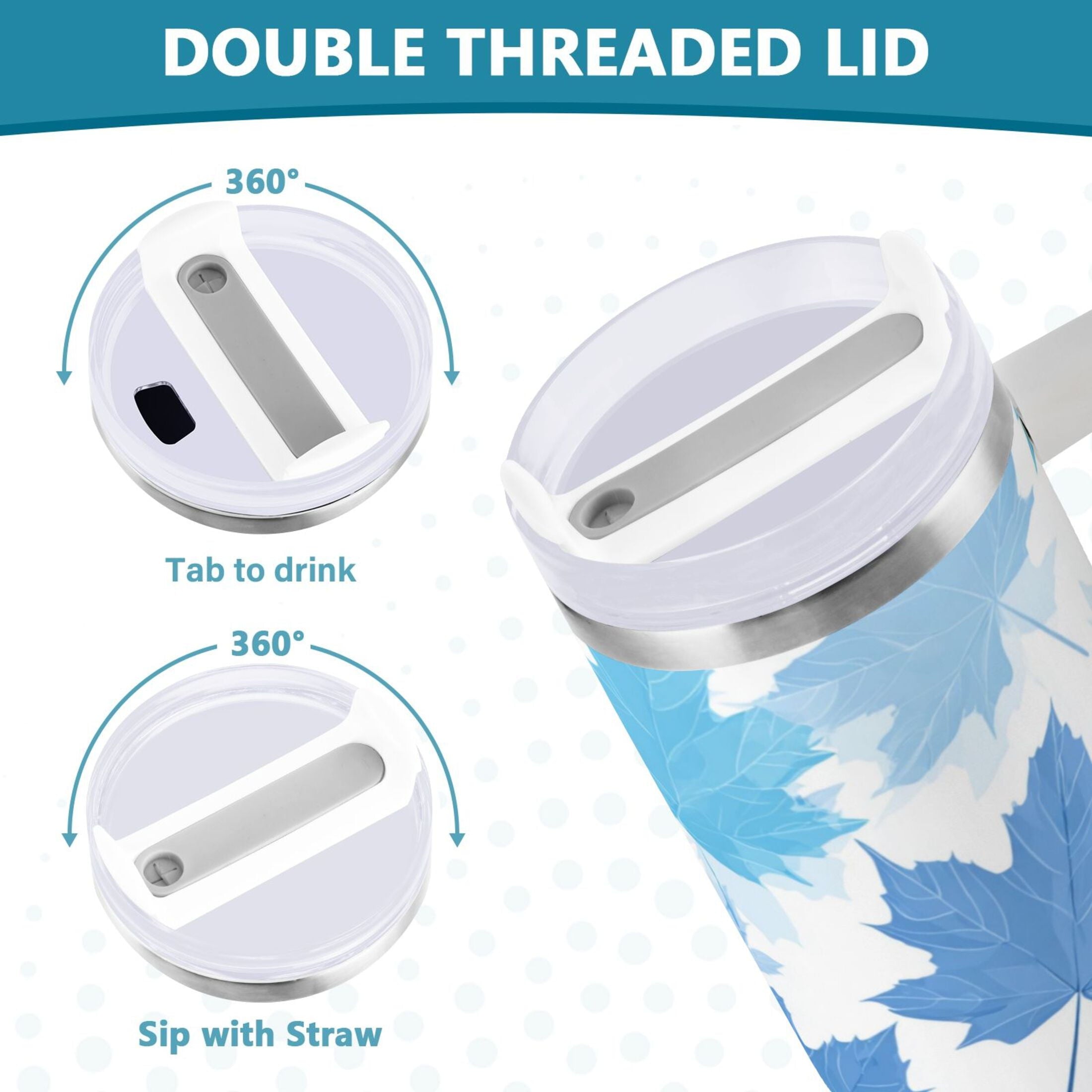 30 oz Insulated Stainless Steel Tumbler Double Wall Stainless Steel Tumbler with 2-Way Drinking Light Blue Maple Leaves M461B