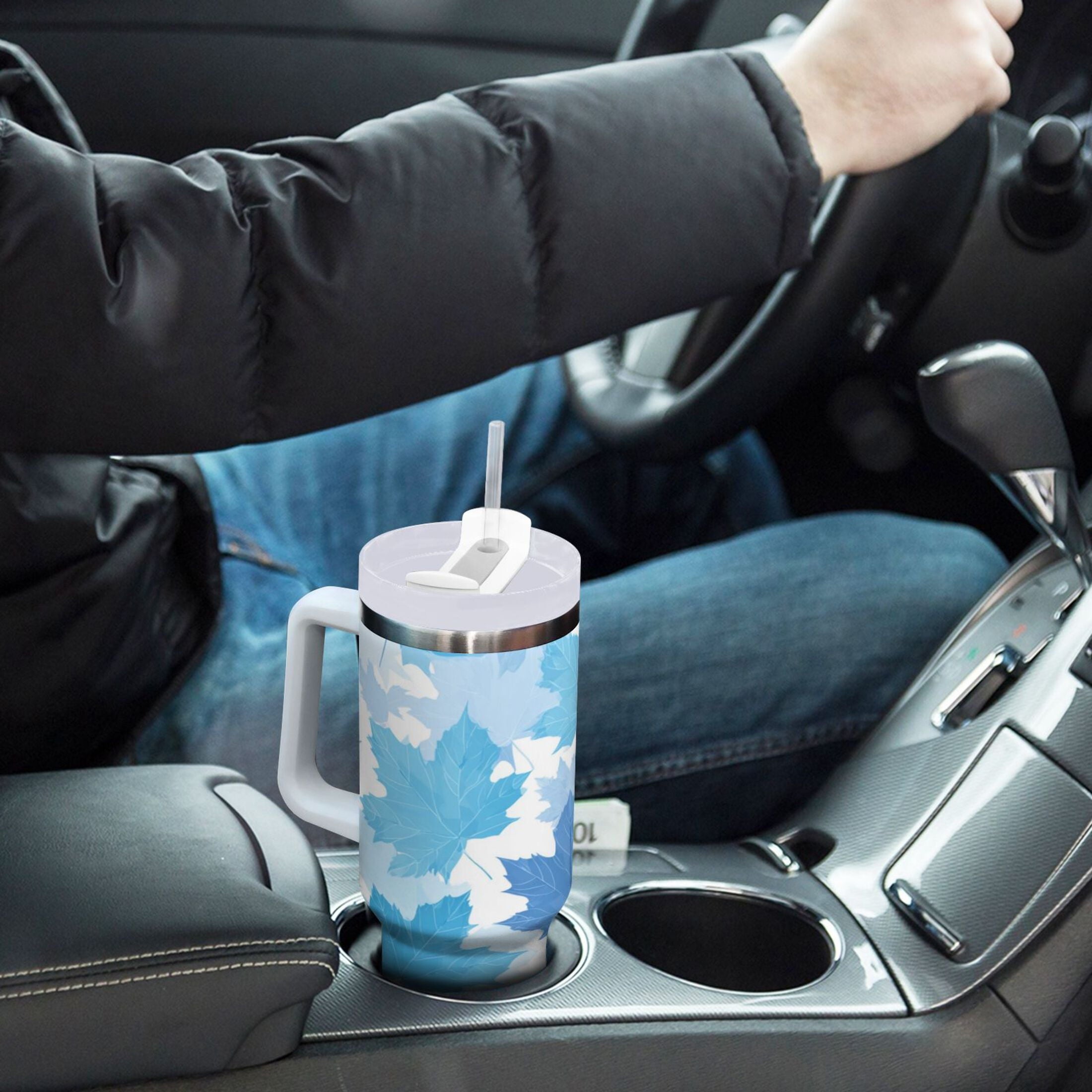 30 oz Insulated Stainless Steel Tumbler Double Wall Stainless Steel Tumbler with 2-Way Drinking Light Blue Maple Leaves M461B
