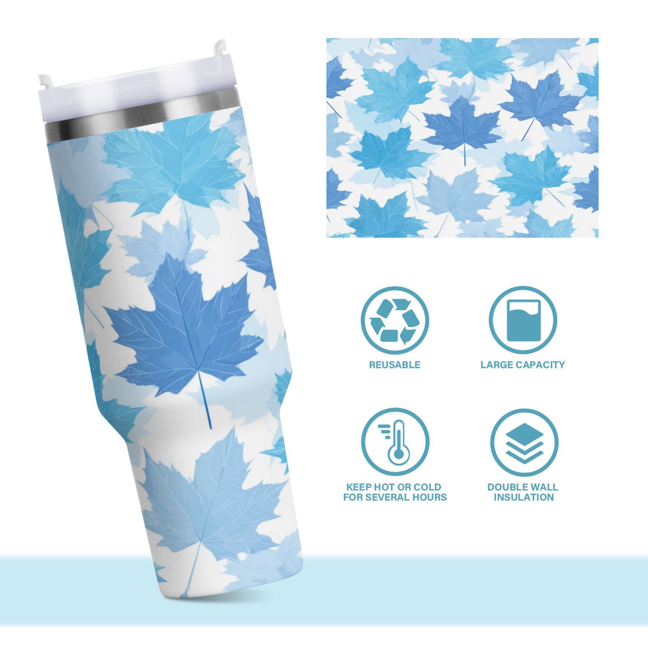30 oz Insulated Stainless Steel Tumbler Double Wall Stainless Steel Tumbler with 2-Way Drinking Light Blue Maple Leaves M461B