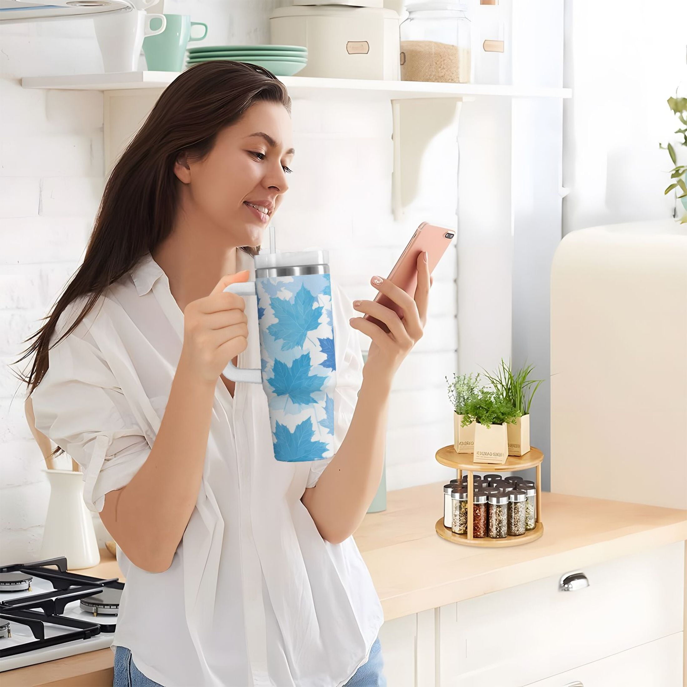30 oz Insulated Stainless Steel Tumbler Double Wall Stainless Steel Tumbler with 2-Way Drinking Light Blue Maple Leaves M461B