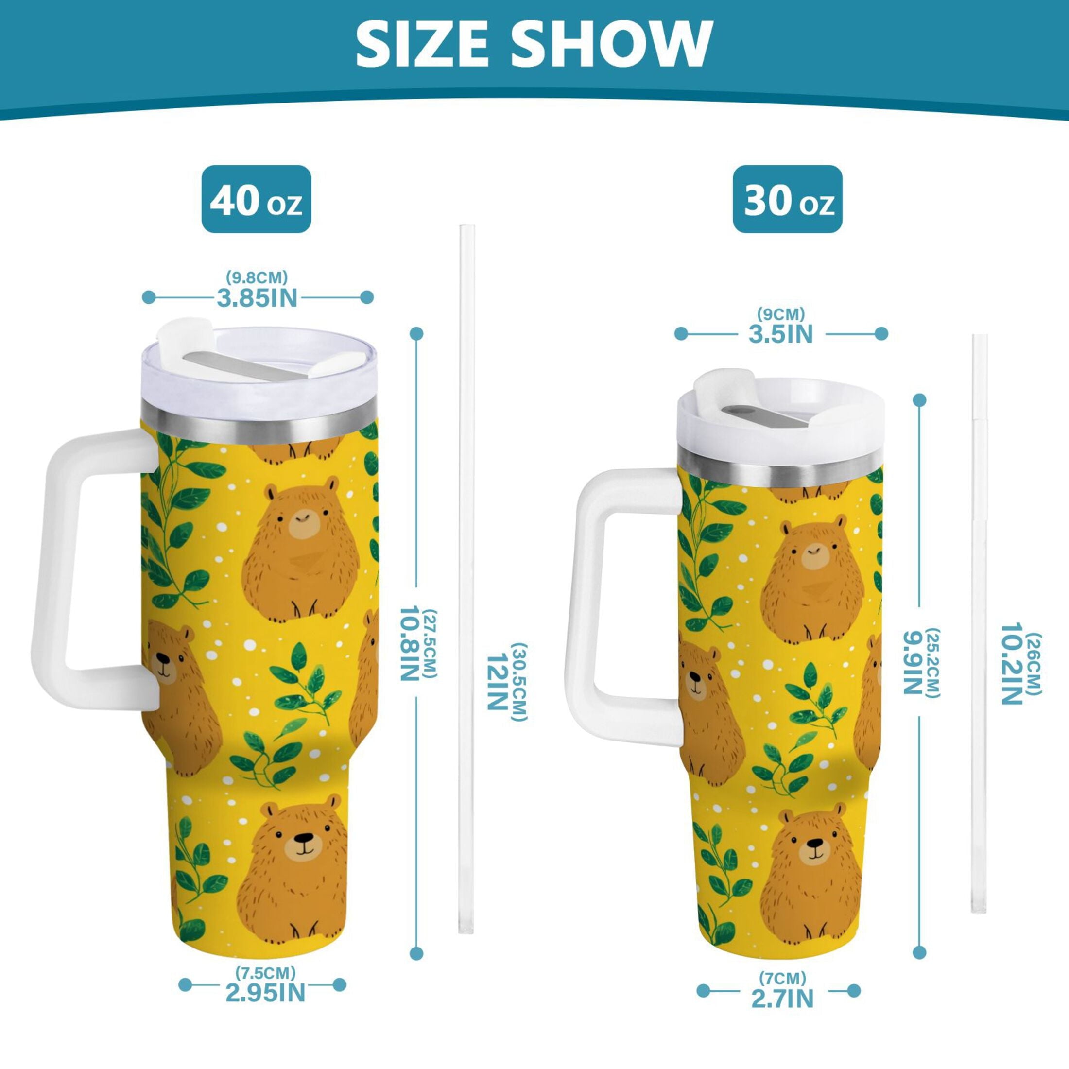 30 oz Insulated Stainless Steel Tumbler Double Wall Stainless Steel Tumbler with 2-Way Drinking Capybara and Green Leaves M658G