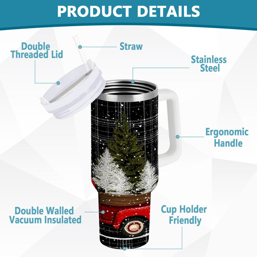 40 oz Insulated Stainless Steel Tumbler Double Wall Stainless Steel Tumbler with 2-Way Drinking Red Truck with Christmas Tree M669K