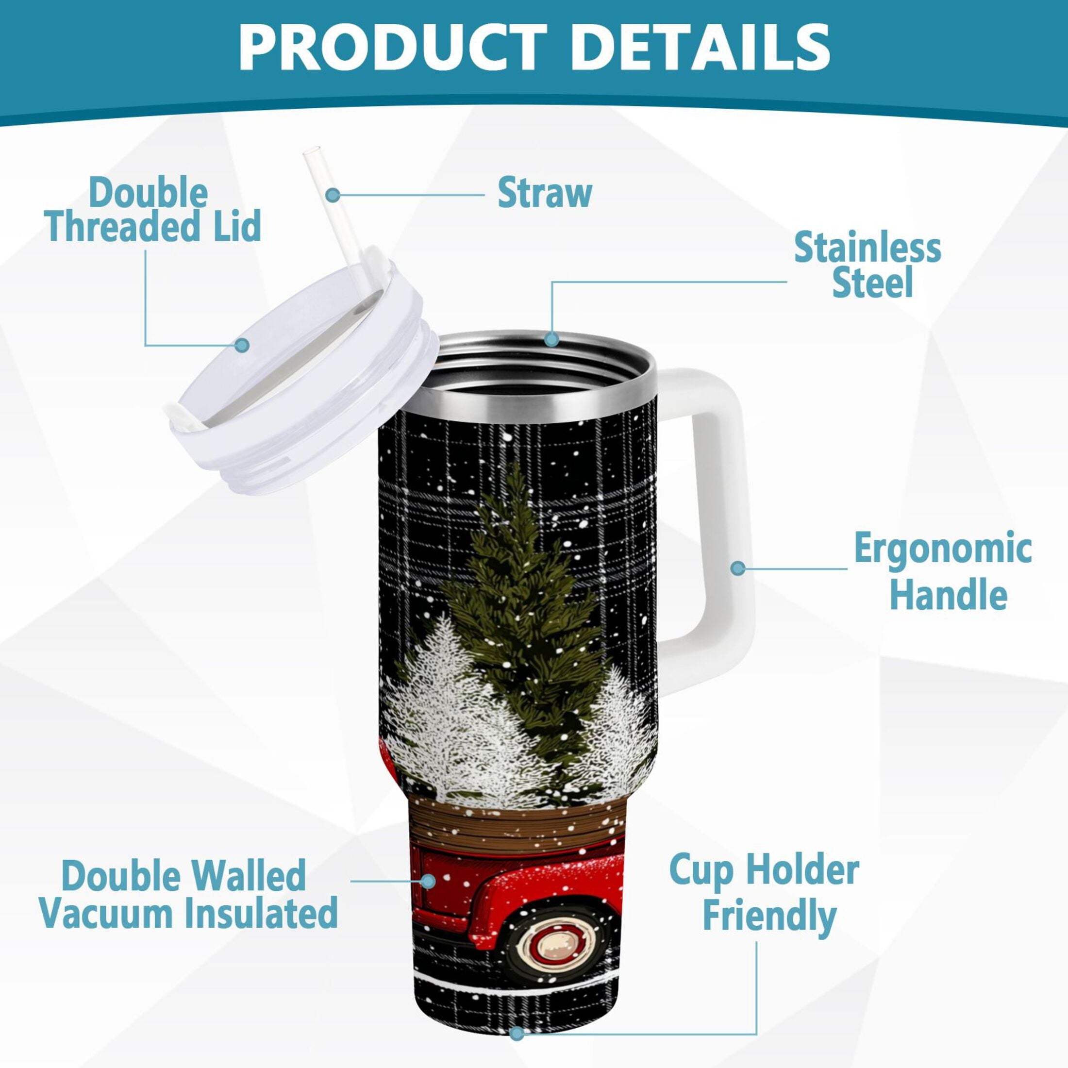 40 oz Insulated Stainless Steel Tumbler Double Wall Stainless Steel Tumbler with 2-Way Drinking Red Truck with Christmas Tree M669K