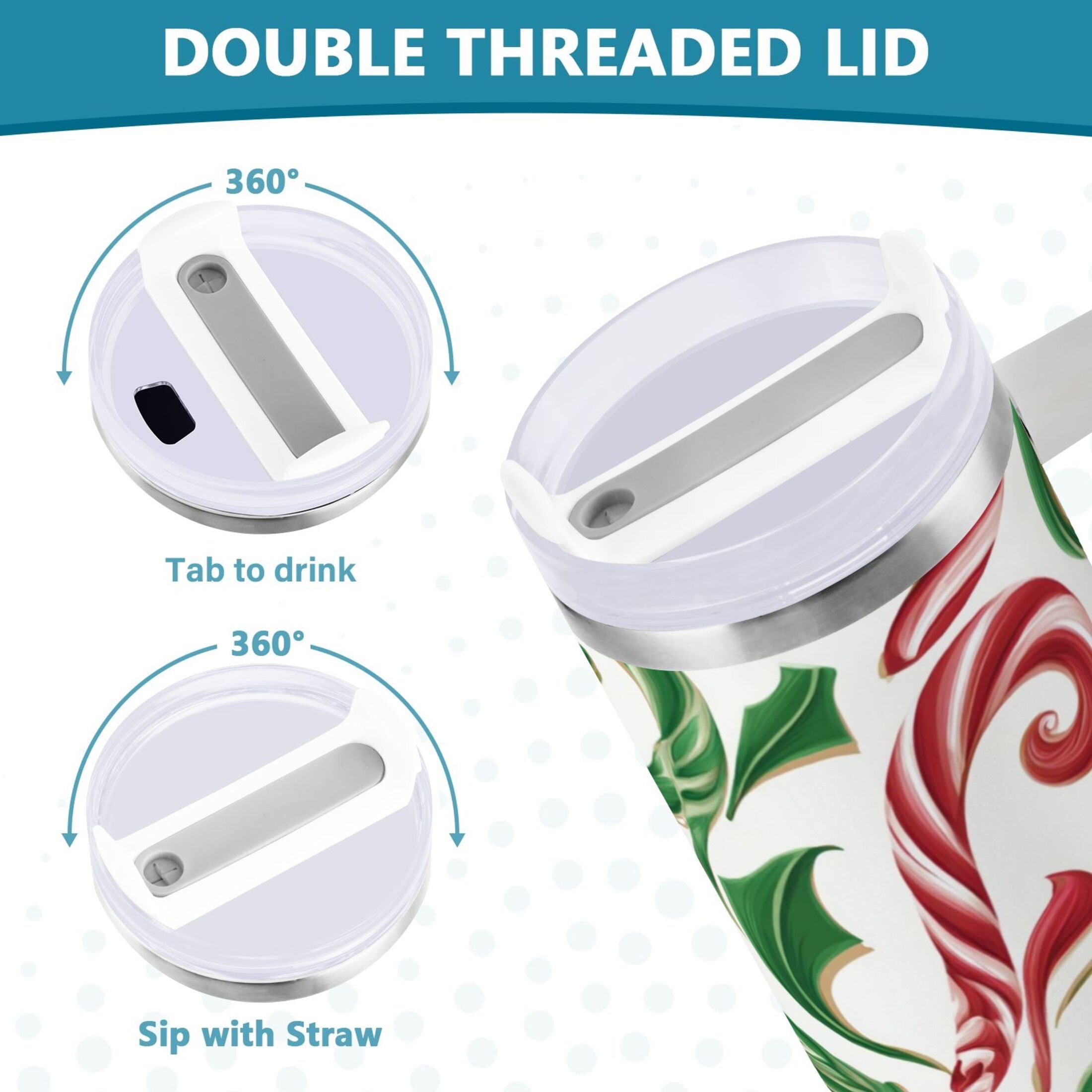 40 oz Insulated Stainless Steel Tumbler Double Wall Stainless Steel Tumbler with 2-Way Drinking Red and Green Candy-cane M573N