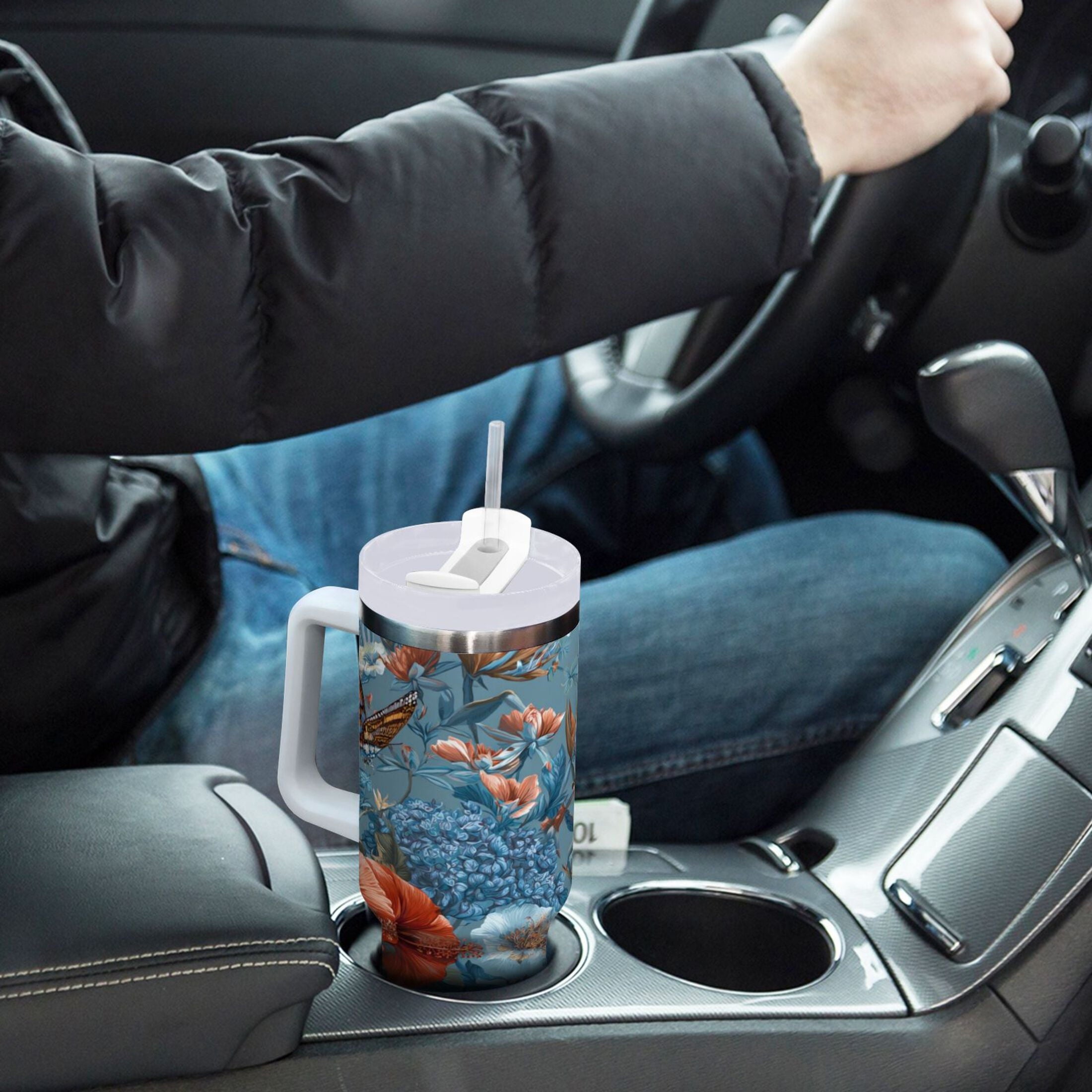 30 oz Insulated Stainless Steel Tumbler Double Wall Stainless Steel Tumbler with 2-Way Drinking Birds and Flowers M552X