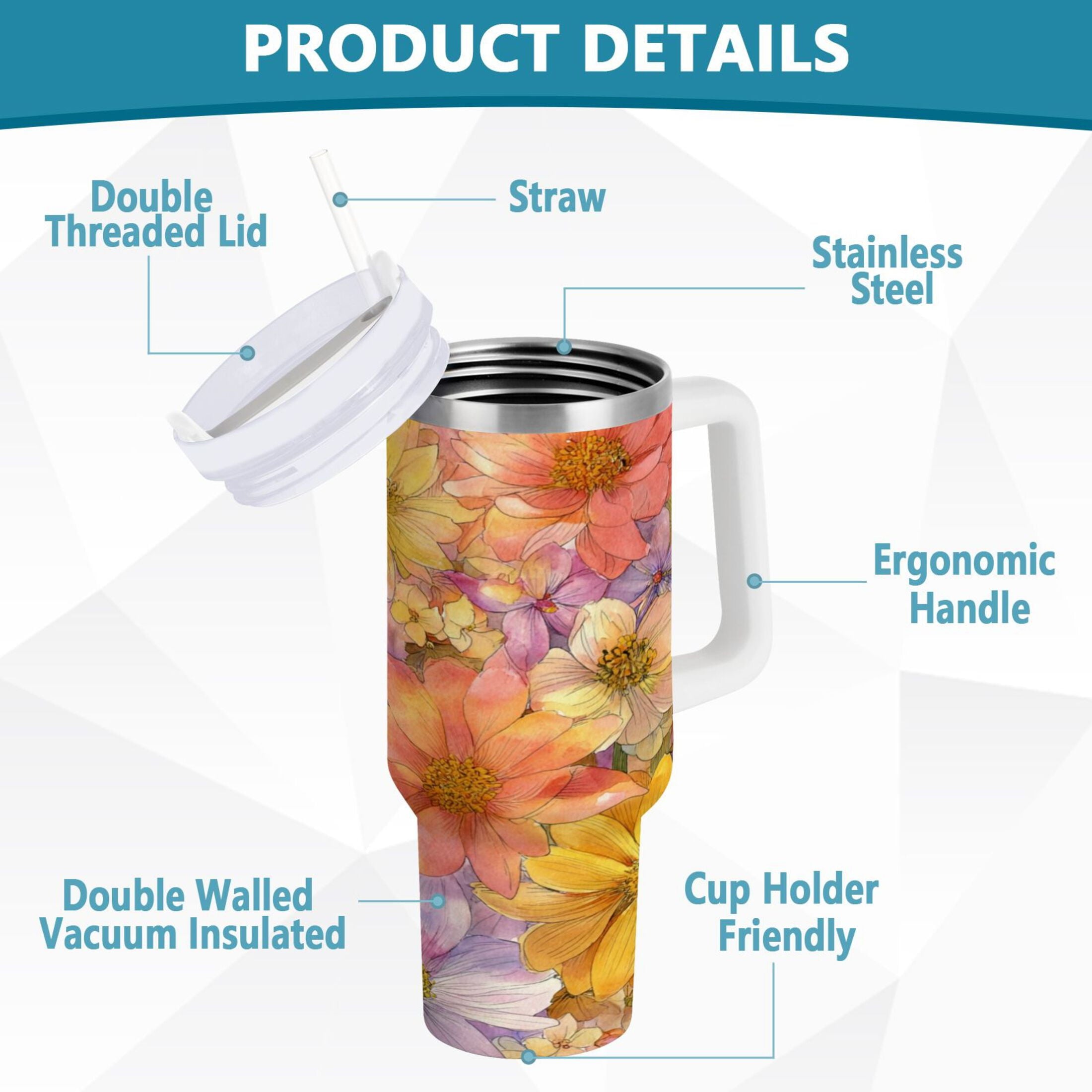 30 oz Insulated Stainless Steel Tumbler Double Wall Stainless Steel Tumbler with 2-Way Drinking Summer Blossoms M540T