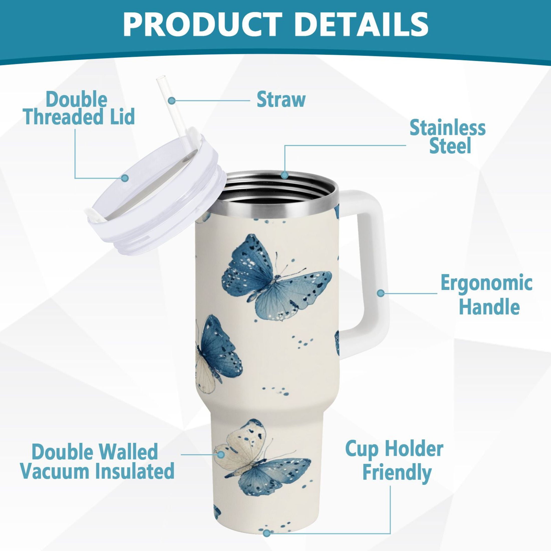 30 oz Insulated Stainless Steel Tumbler Double Wall Stainless Steel Tumbler with 2-Way Drinking Blue Watercolor Butterflies M572Q