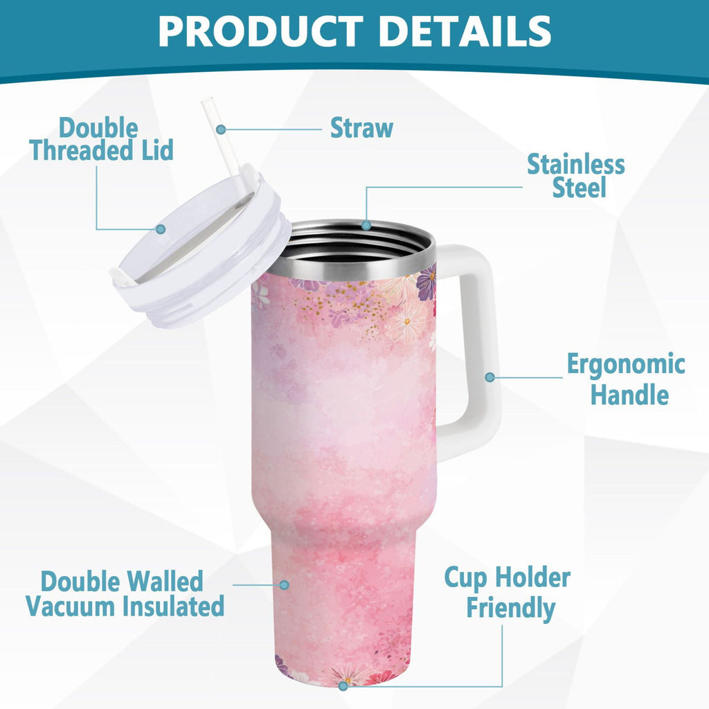 30 oz Insulated Stainless Steel Tumbler Double Wall Stainless Steel Tumbler with 2-Way Drinking Colorful Pastel Floral Pattern M514G