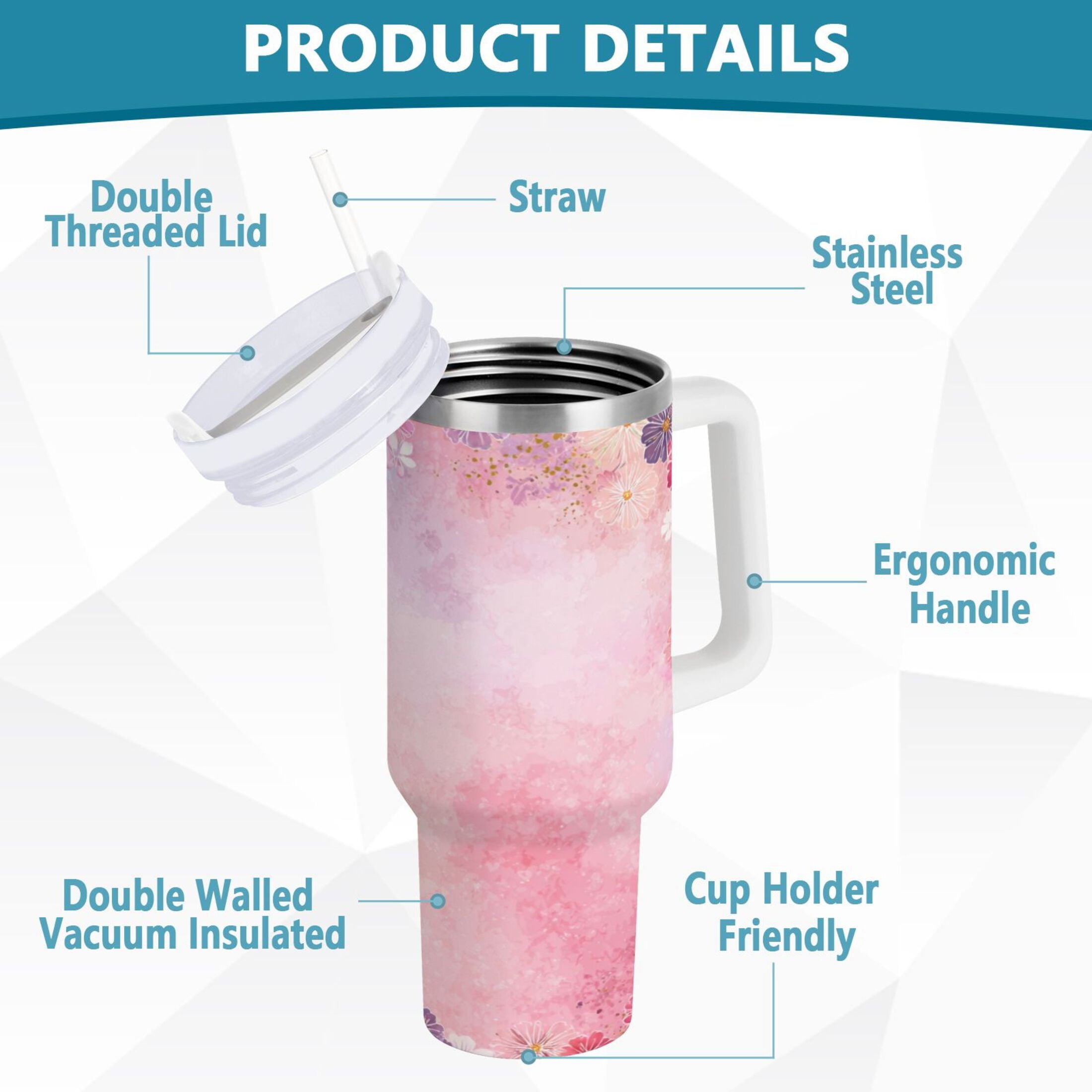 30 oz Insulated Stainless Steel Tumbler Double Wall Stainless Steel Tumbler with 2-Way Drinking Colorful Pastel Floral Pattern M514G