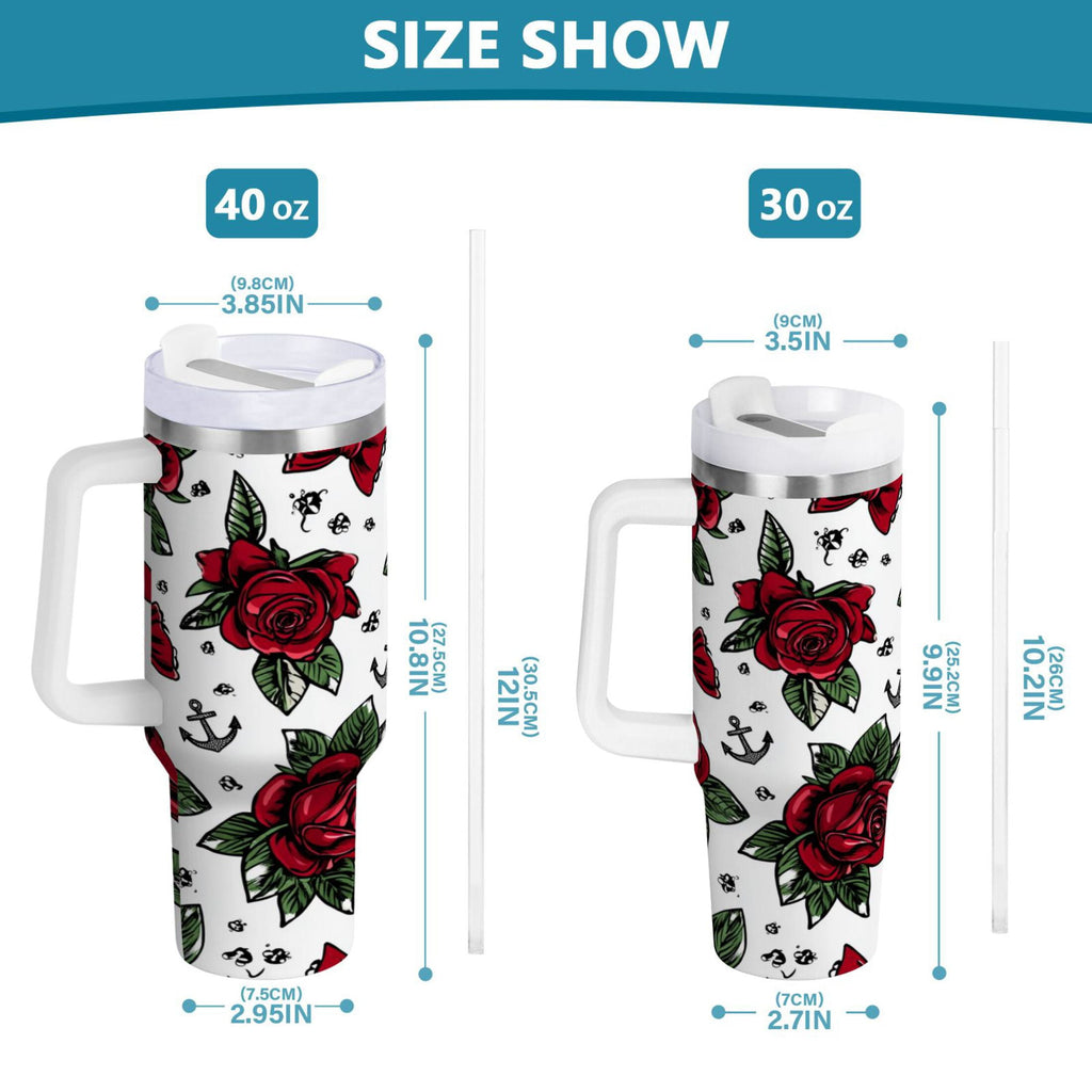 40 oz Insulated Stainless Steel Tumbler Double Wall Stainless Steel Tumbler with 2-Way Drinking Red Roses and Cherries M599Q