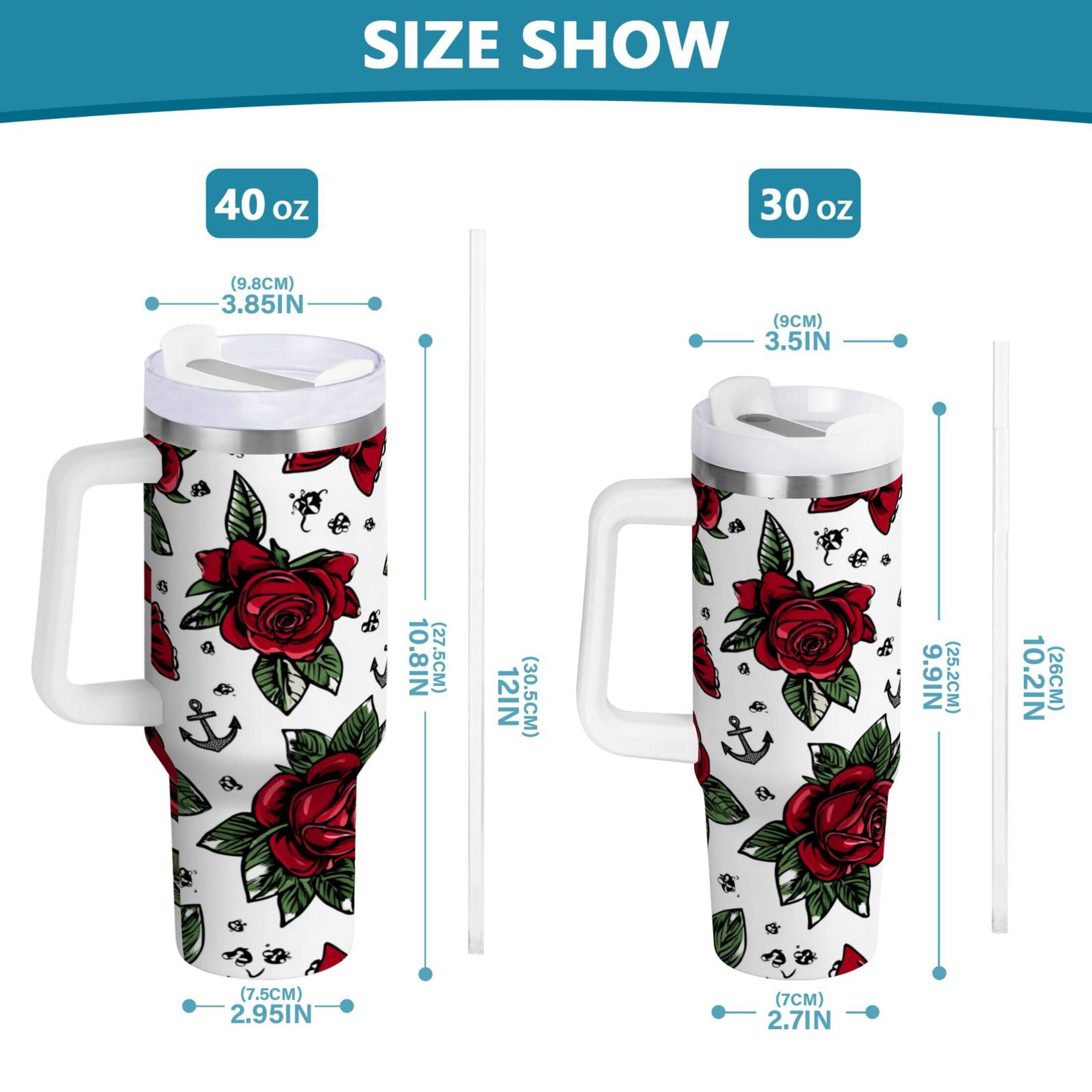 40 oz Insulated Stainless Steel Tumbler Double Wall Stainless Steel Tumbler with 2-Way Drinking Red Roses and Cherries M599Q